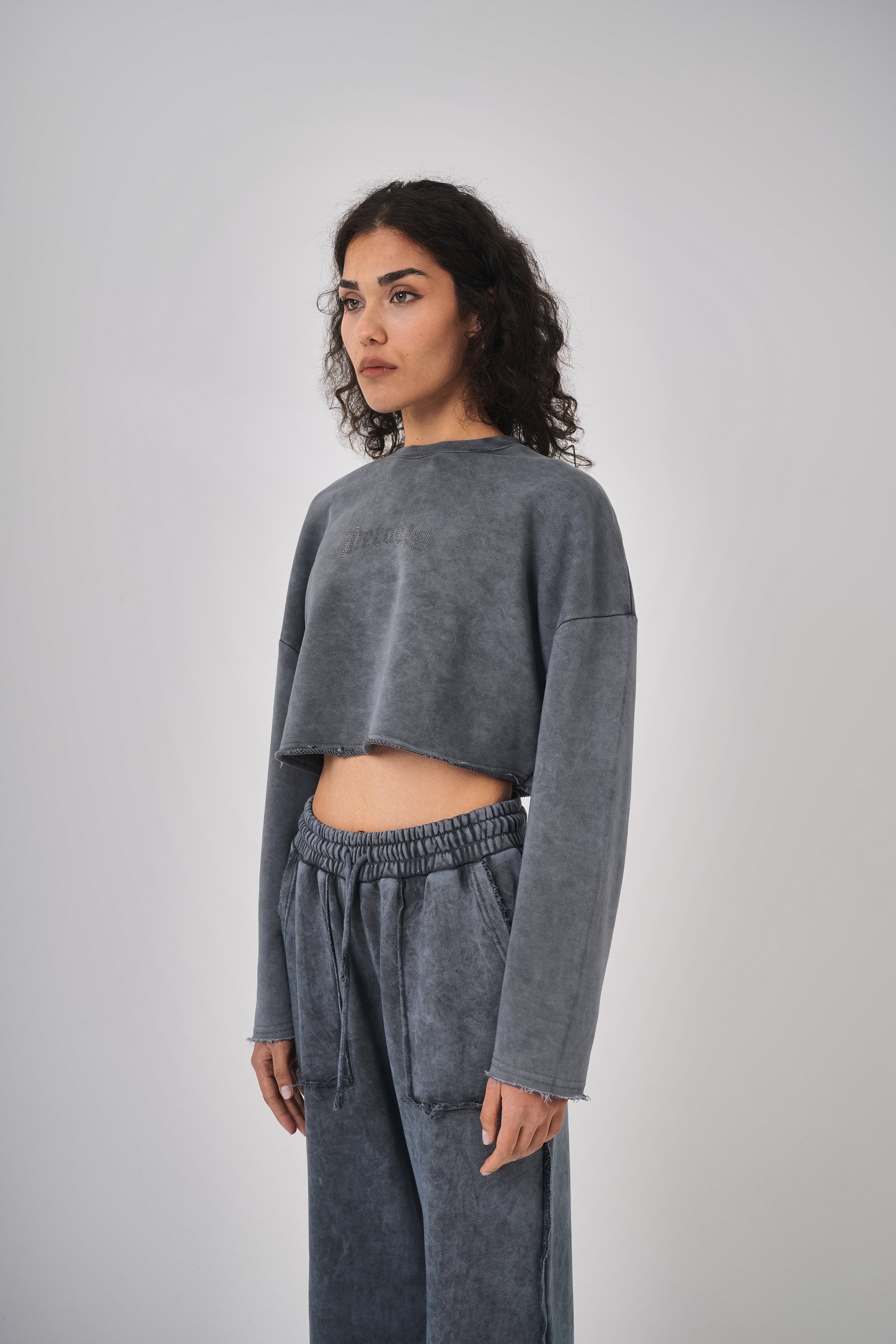 Kadın Yıkamalı Yazılı Taş Detaylı Crop Sweatshirt - Gri