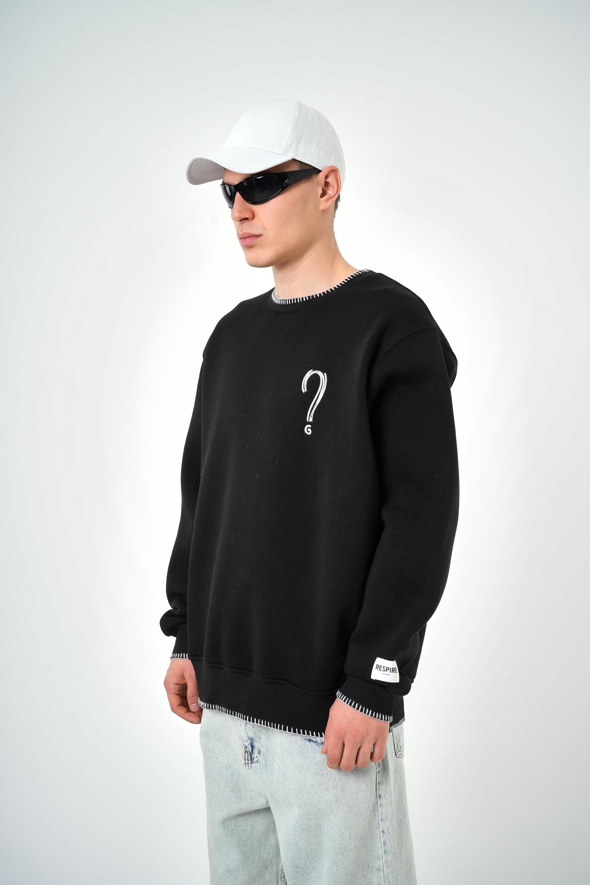 Erkek Oversize Unknown Nakışlı Sweatshirt - Siyah