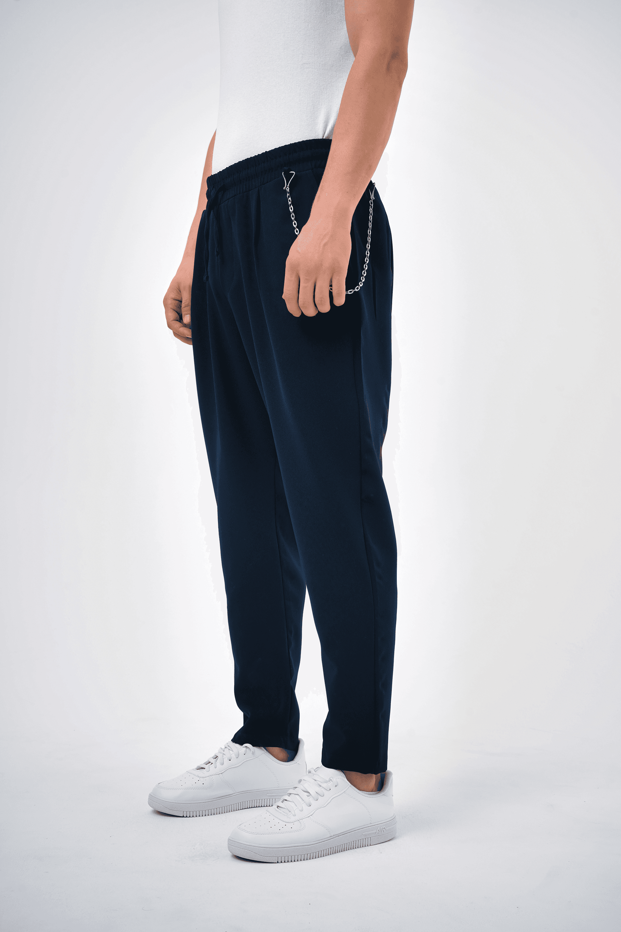 Zincir Detaylı Bağcıklı Dar Paça Single Pleated Jogger Pantolon - Lacivert