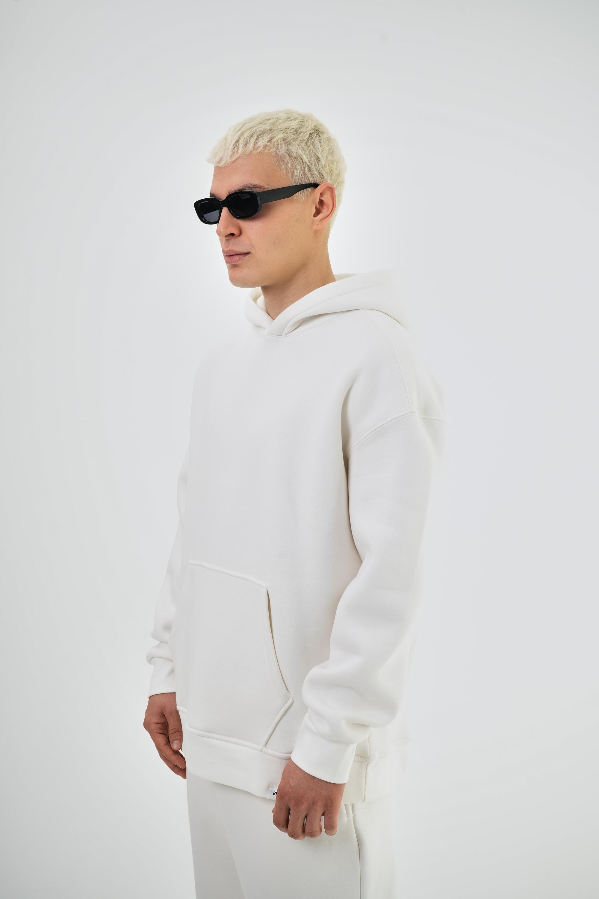 Erkek Oversize Basic Hoodie - Ekru