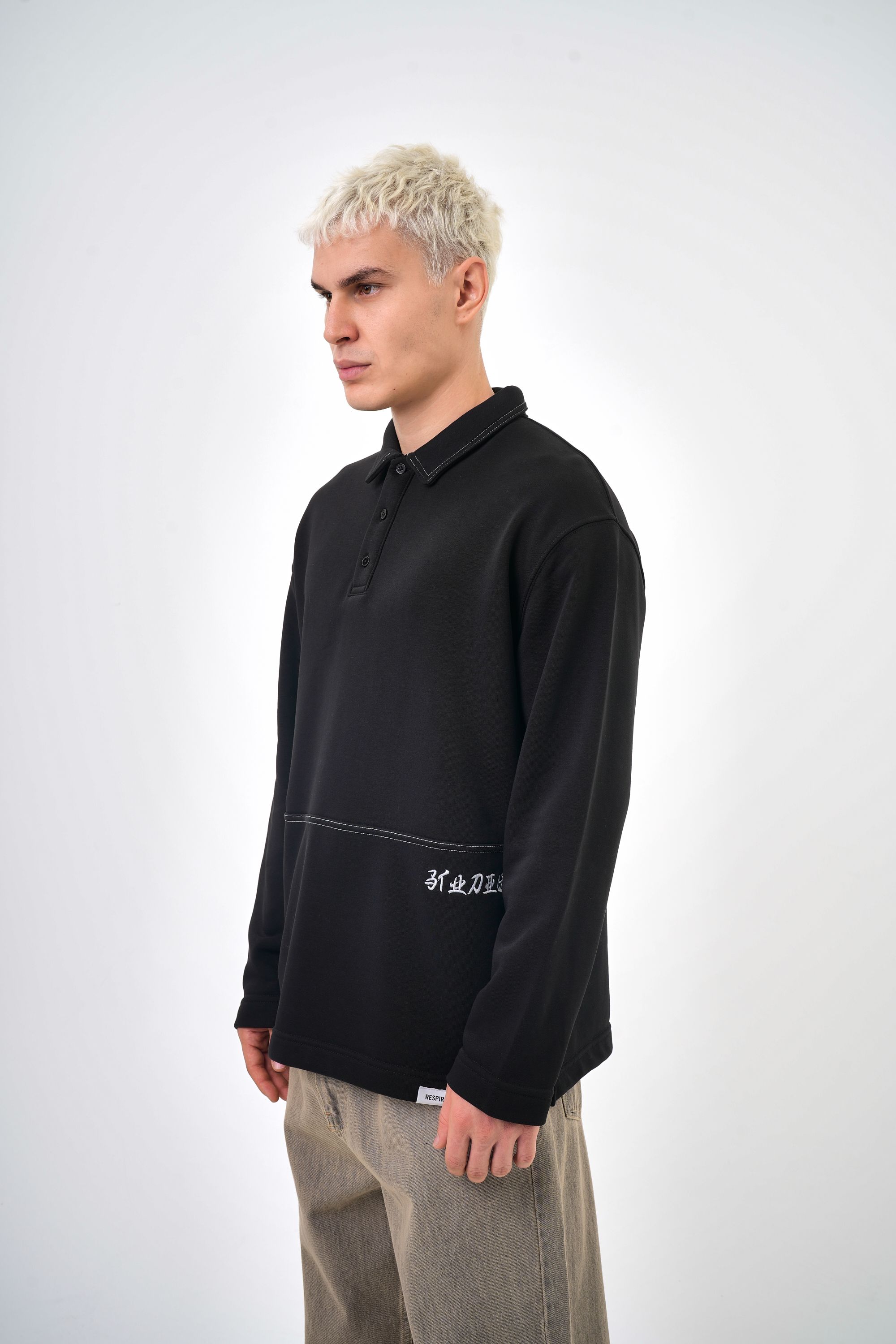 Erkek Oversize Nakış Detaylı Polo Yaka Sweatshirt - Siyah