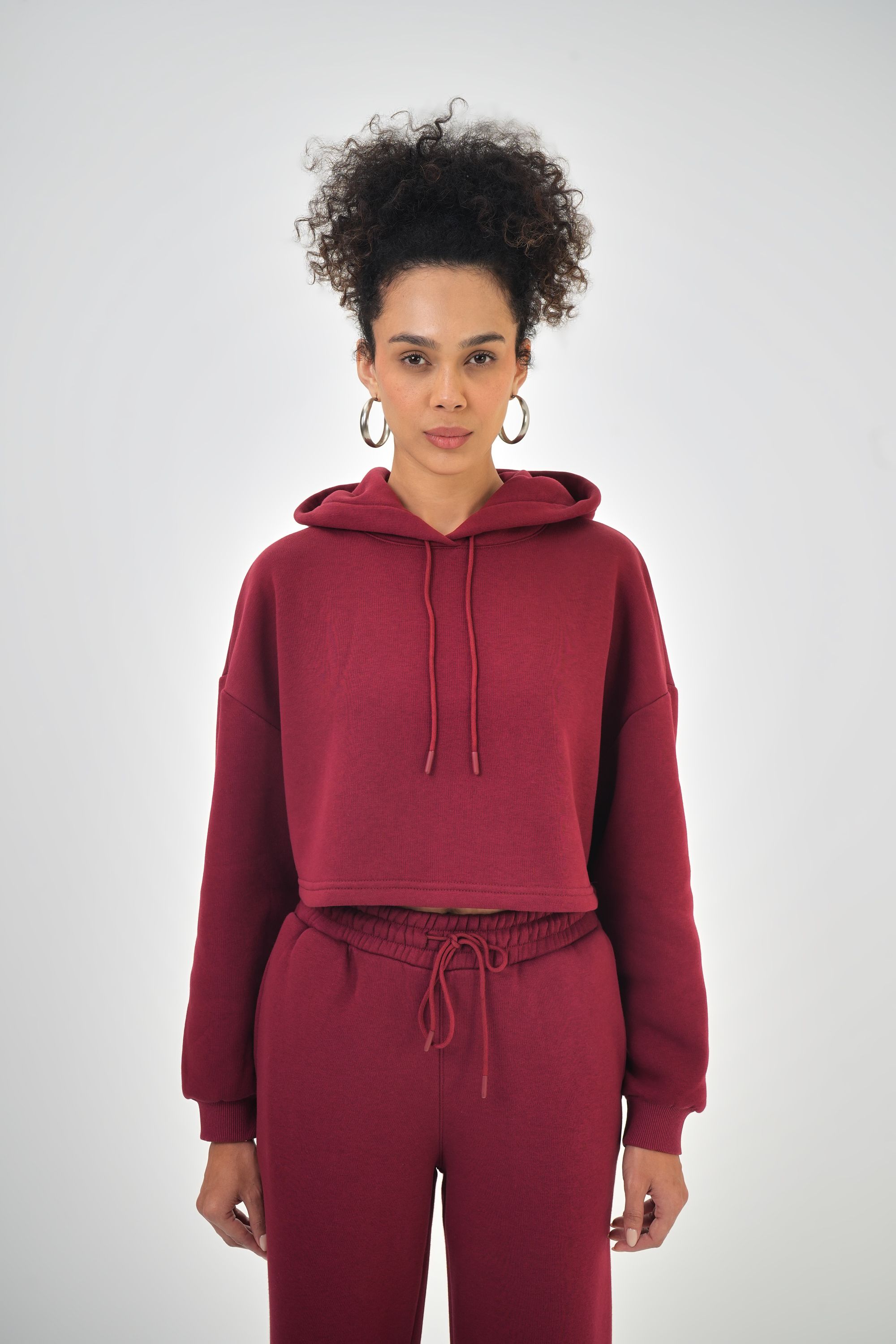 Kadın Kapüşonlu Bağcık Detaylı Oversize Basic Crop Hoodie - Bordo