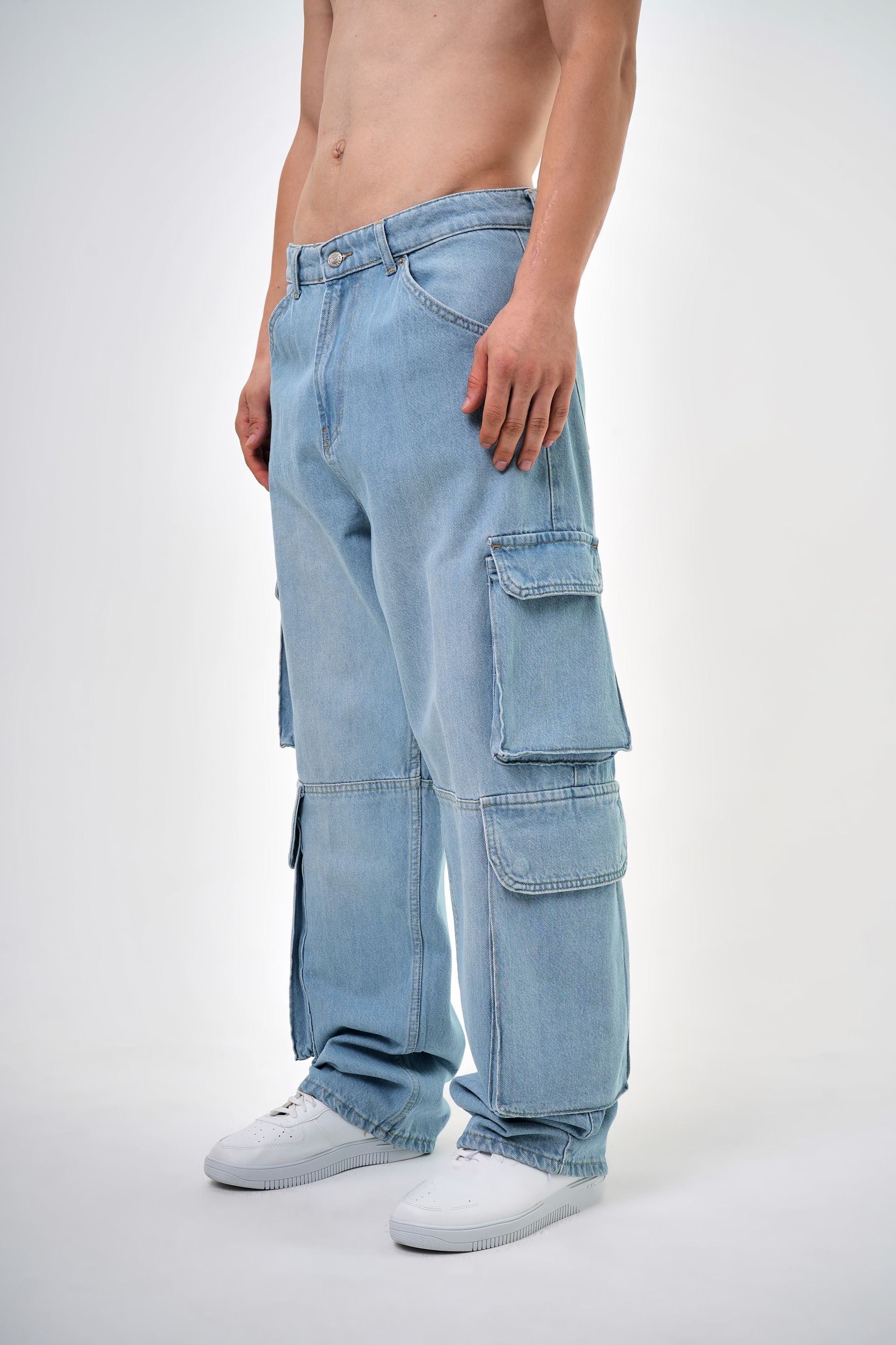 Erkek Washed Kargo Baggy Pantolon - Mavi