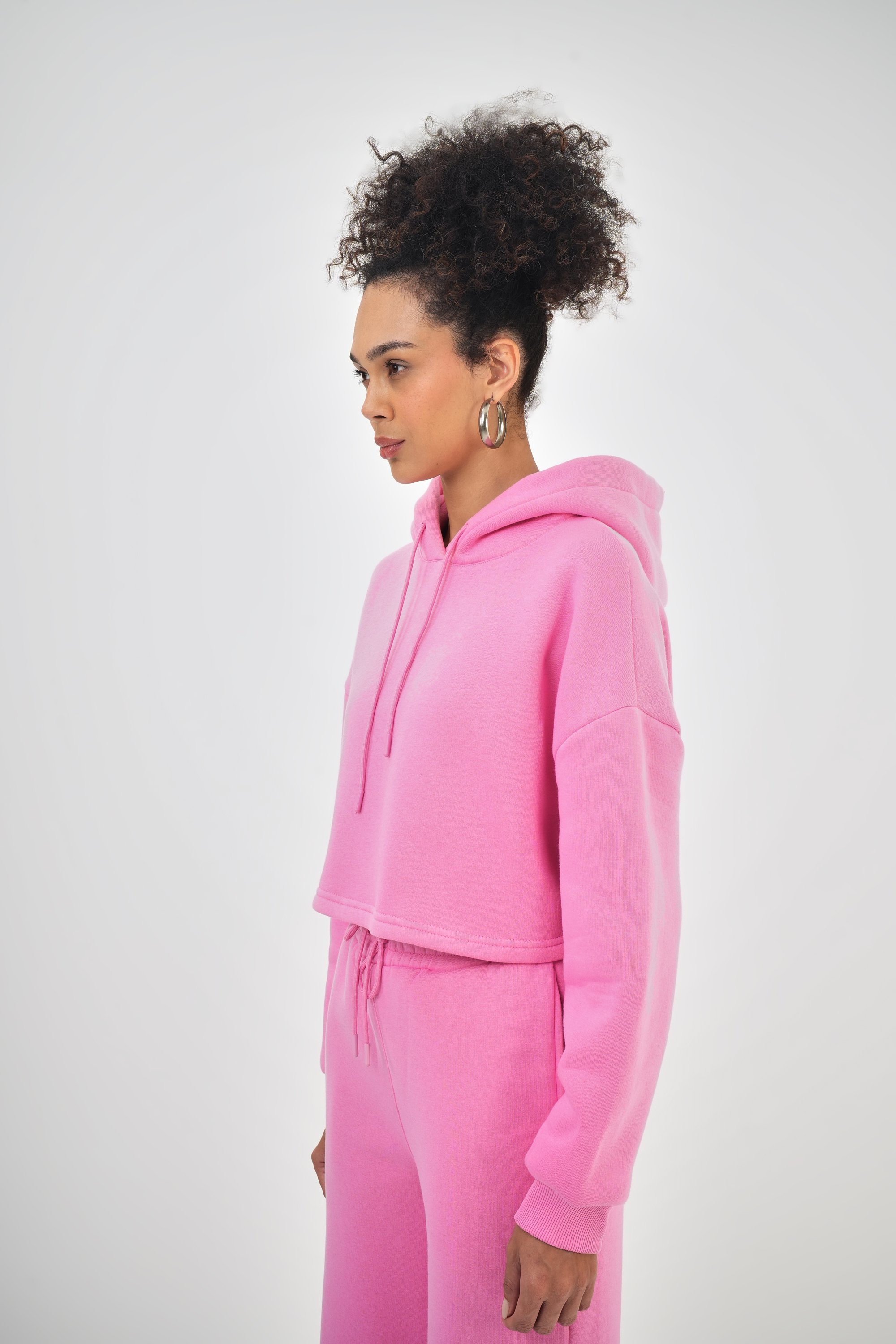 Kadın Kapüşonlu Bağcık Detaylı Oversize Basic Crop Hoodie - Pembe