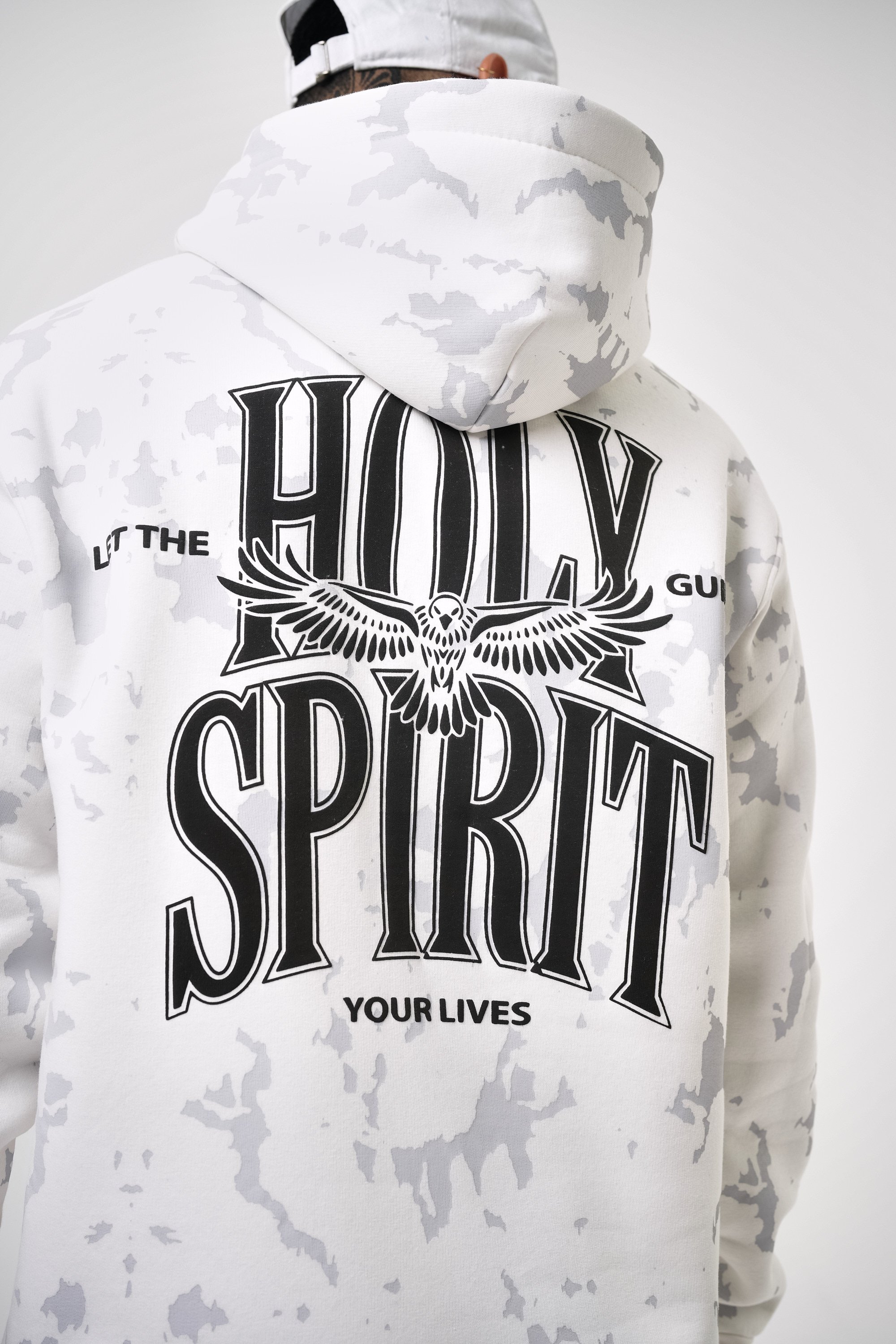 Erkek Holy Spirit Baskılı Oversize Hoodie - Ekru