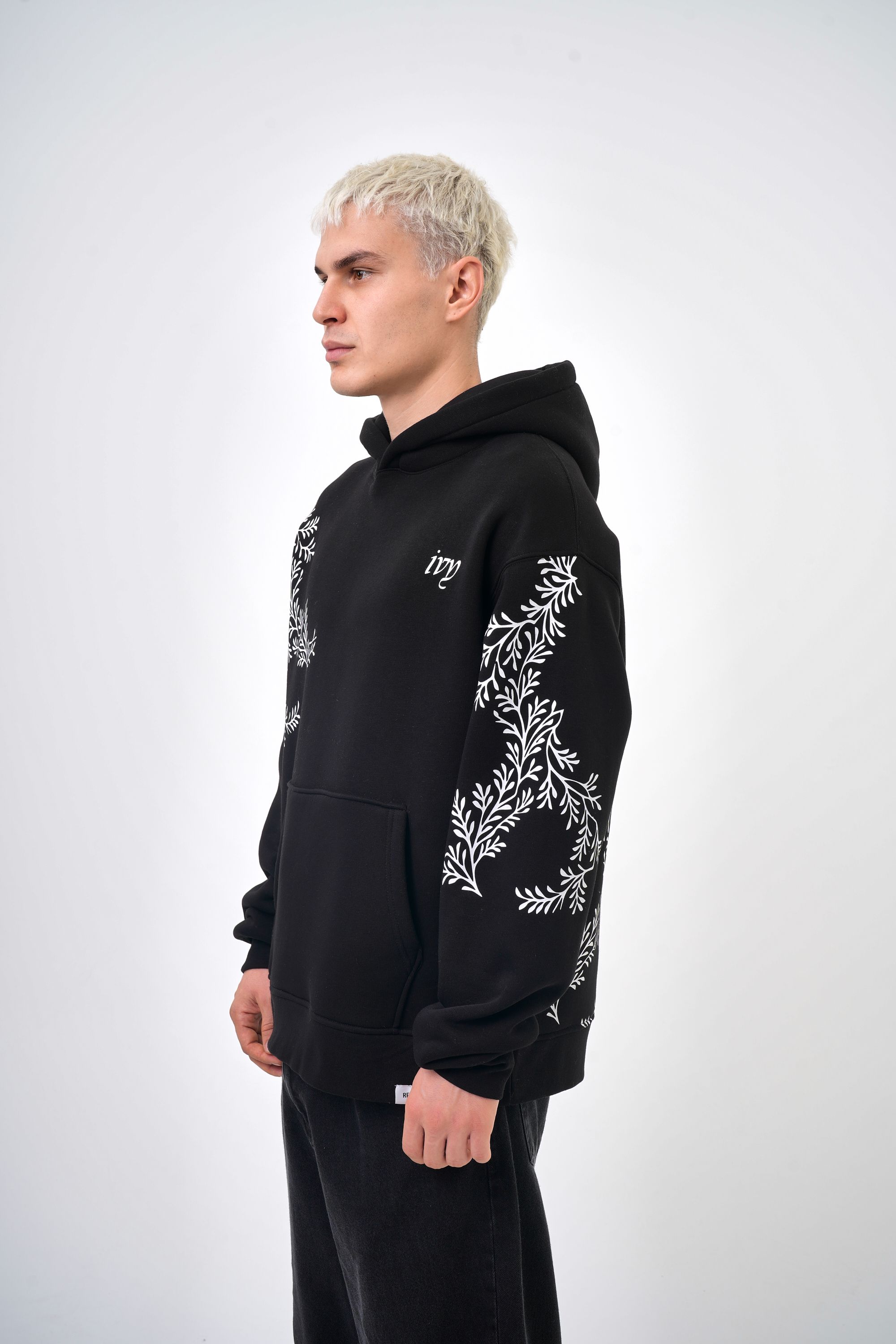 Erkek Oversize Ivy Nakış Detaylı Hoodie  - Siyah