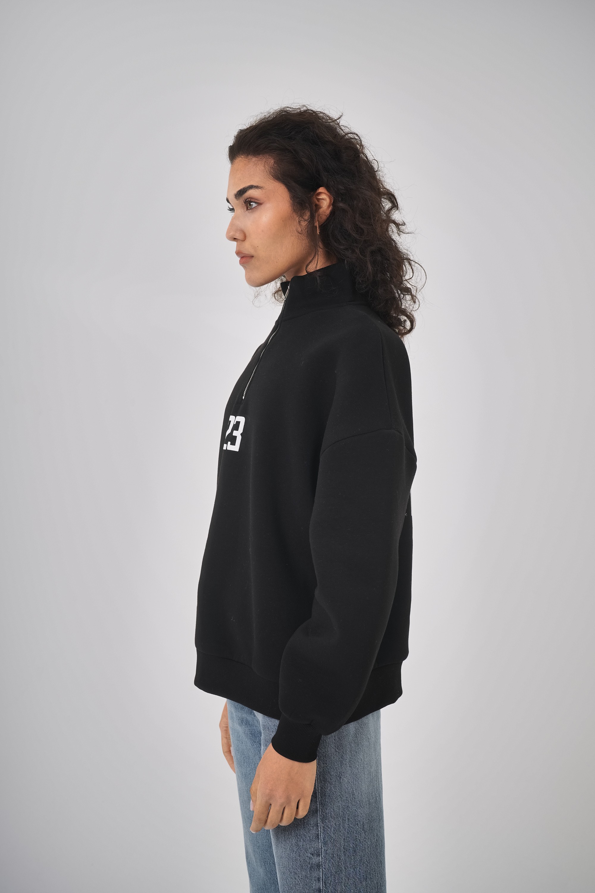 Kadın Oversize Baskılı Yarım Fermuarlı Sweatshirt