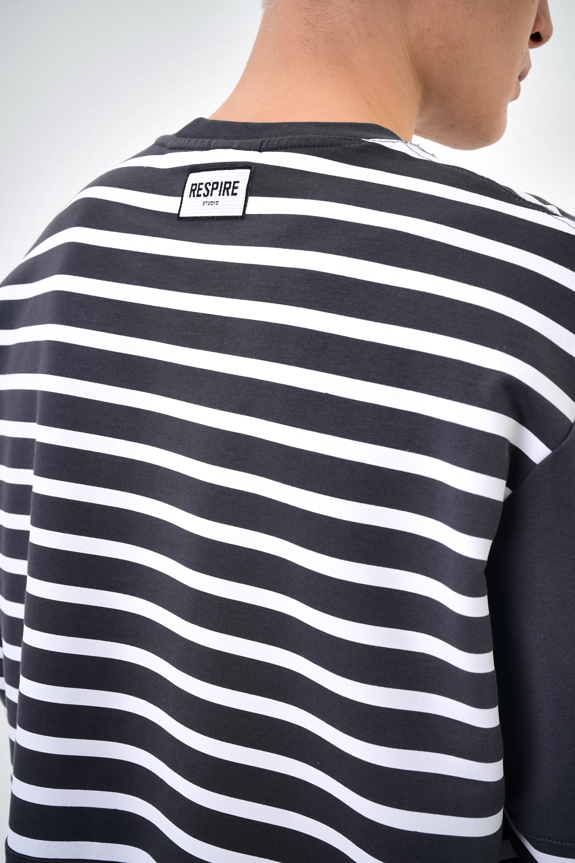 Erkek Overisize Çizgili Striped Sweatshirt   - Füme