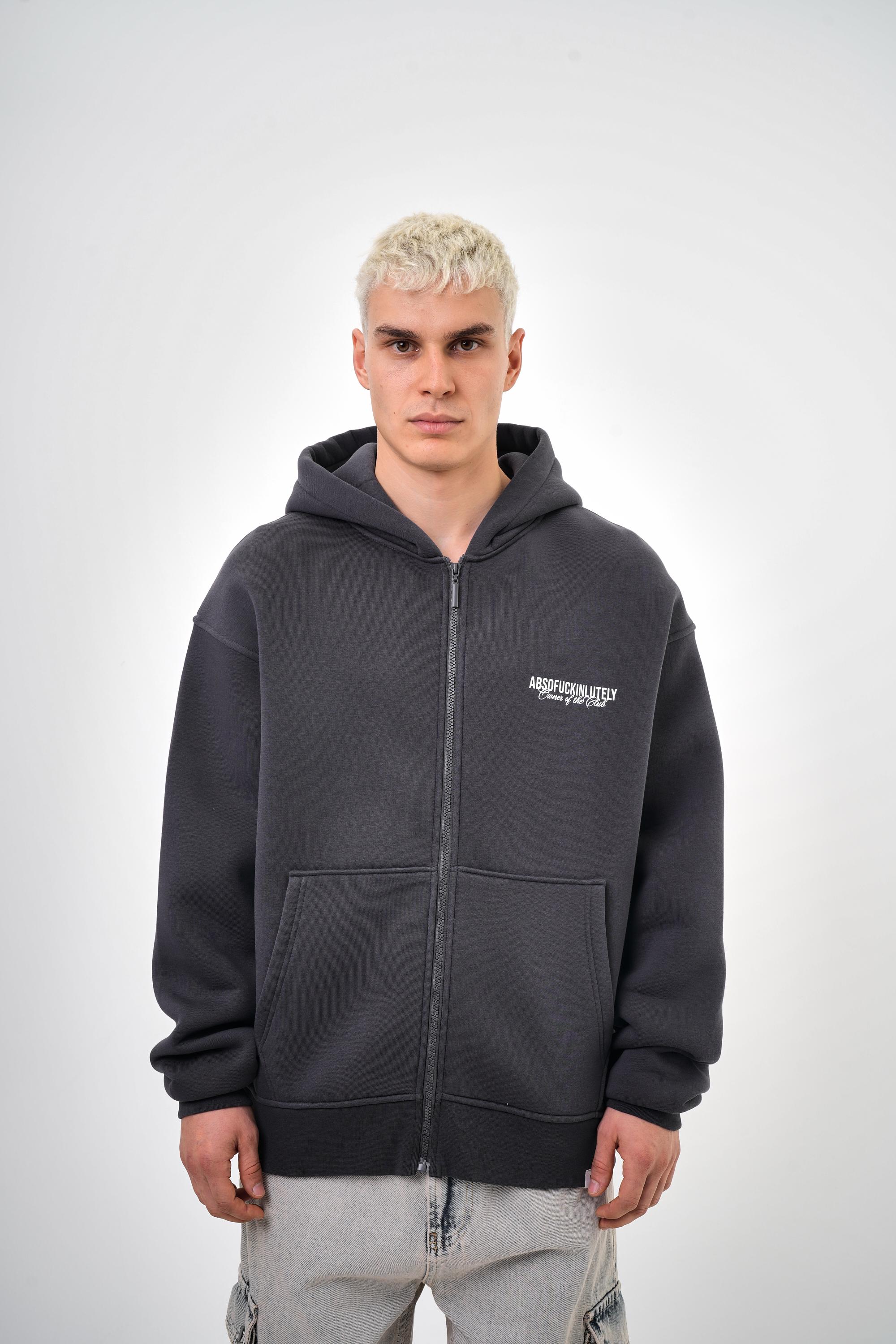 Absofuckinlutely Baskılı Kapüşonlu Oversize Zip Hoodie - Füme