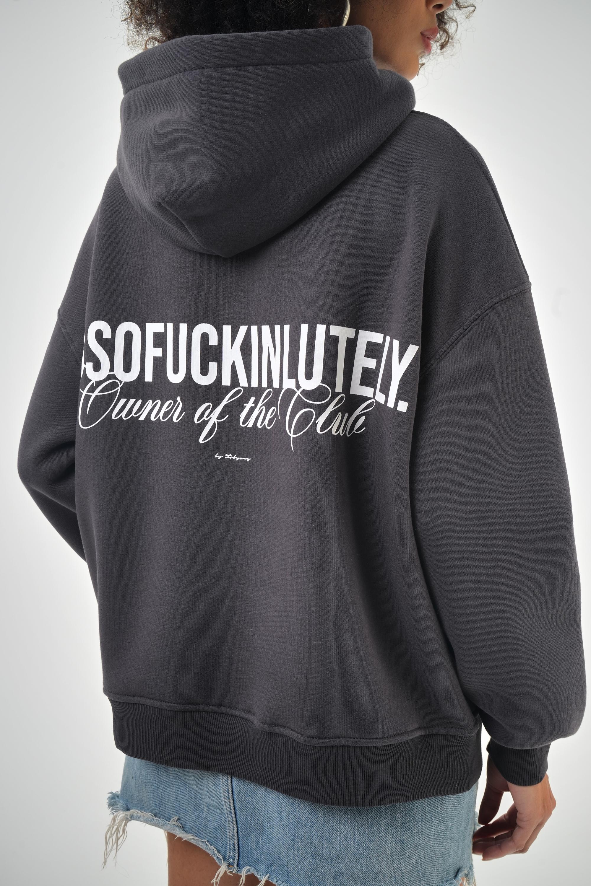 Kadın Oversize Absofuckinlutely Baskılı Kapüşonlu Hoodie  - Füme