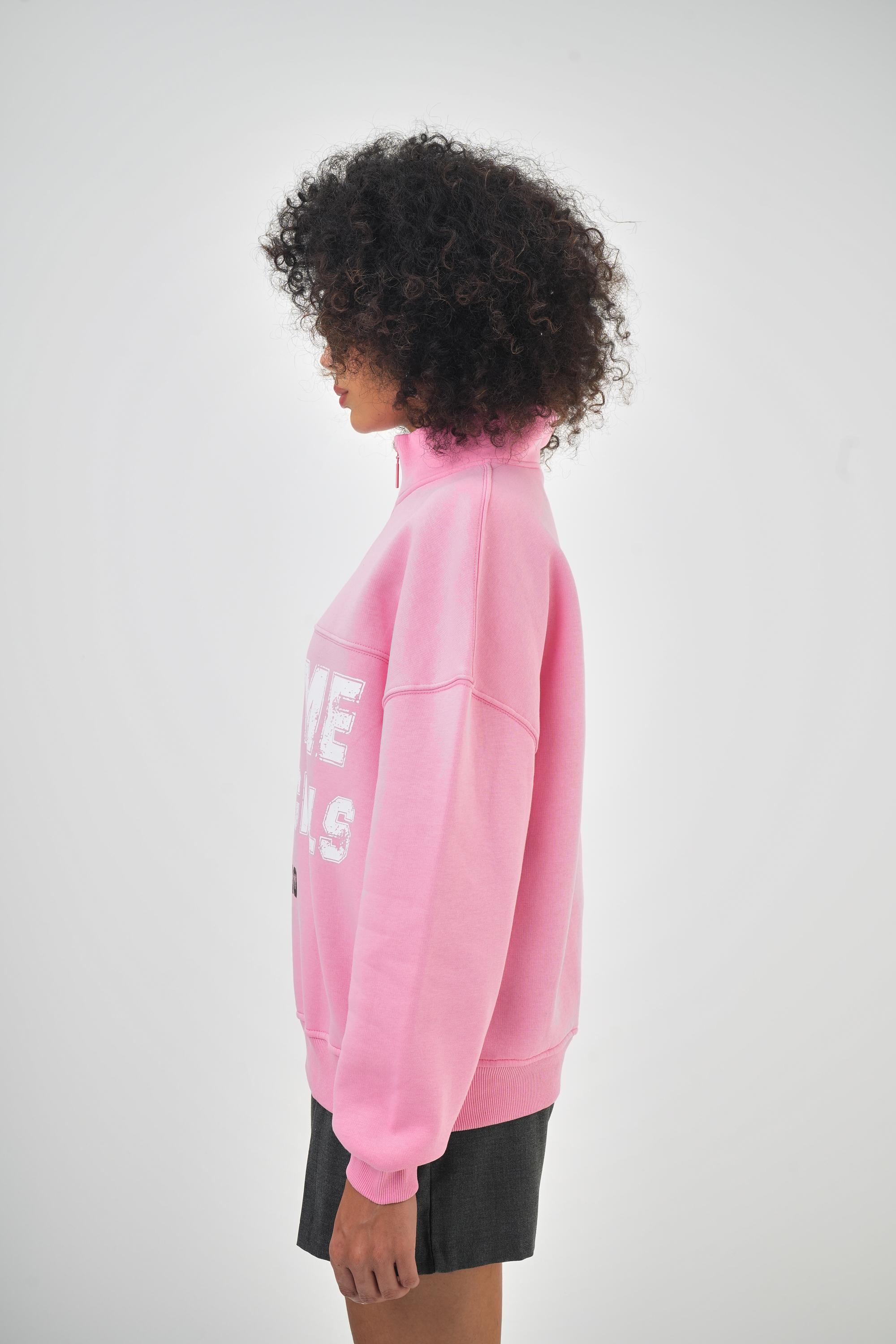 Kadın Oversize Add Me On Social Yazılı Yarım Fermuarlı Sweatshirt - Pembe