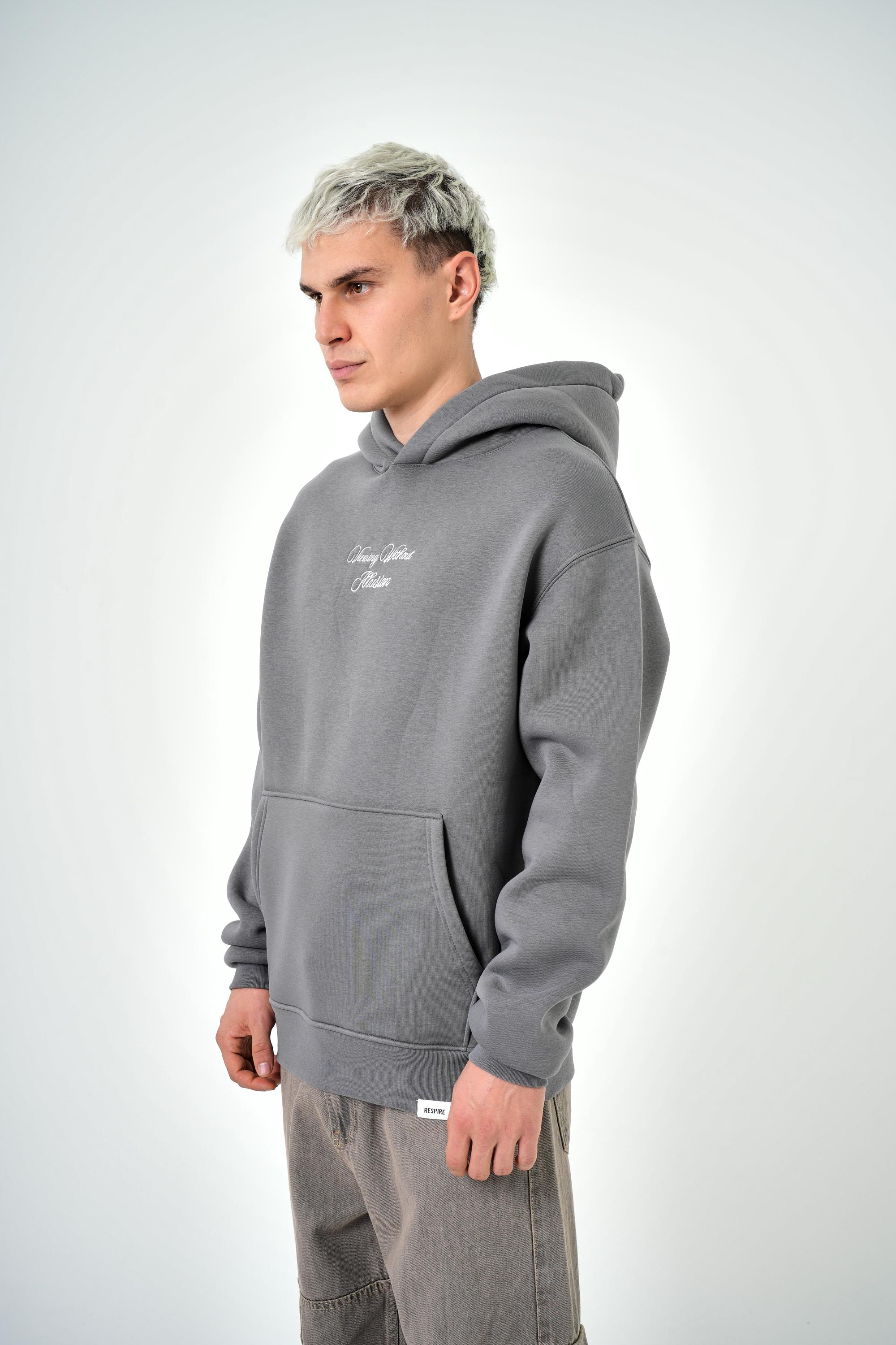 Erkek Illusion Baskılı Oversize Hoodie - Gri