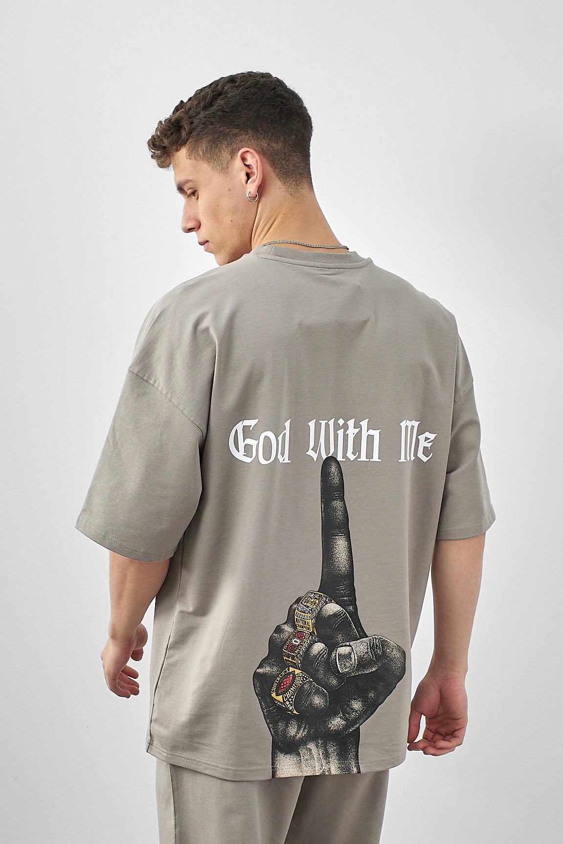 Respire God With Me Baskılı Oversize T-Shirt - Gri