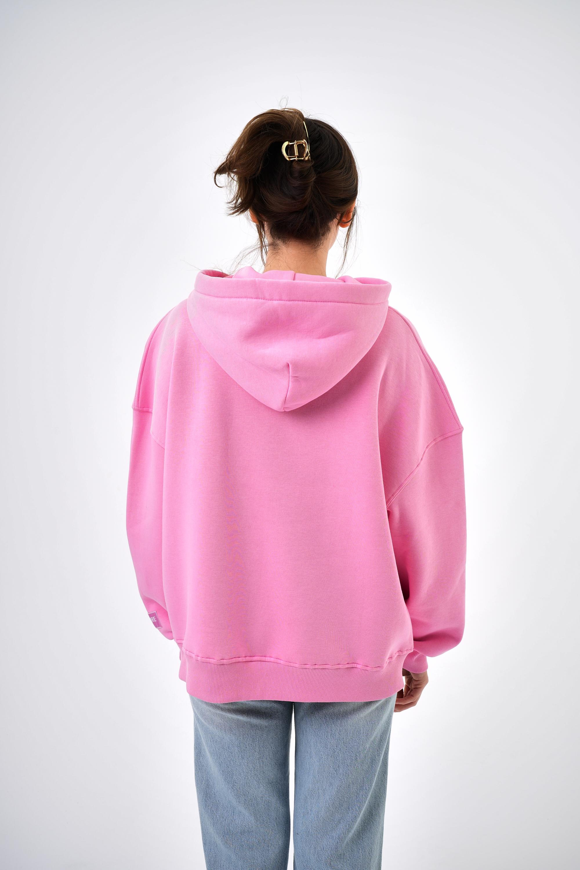 Kadın Res Studio Yazılı Kanguru Cepli Kapüşonlu Oversize Hoodie - Pembe