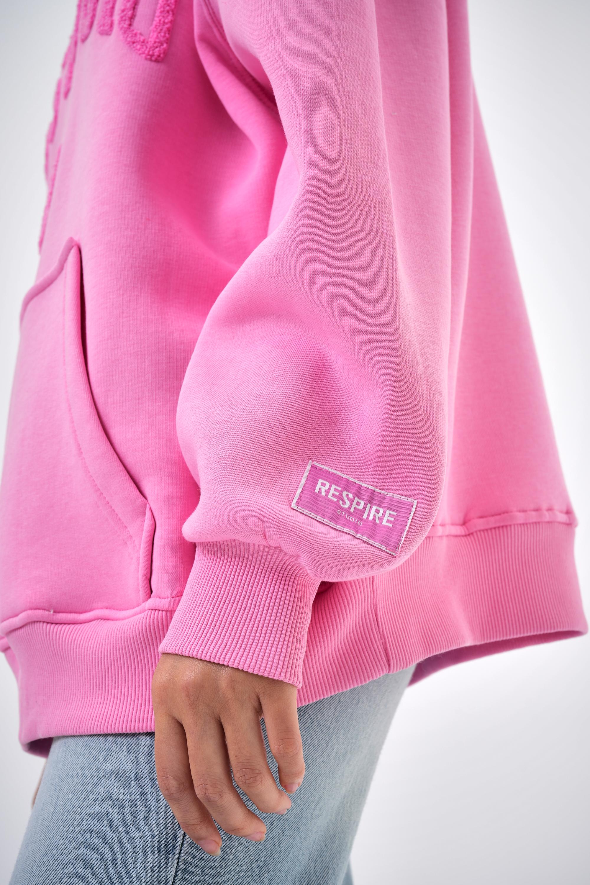 Kadın Res Studio Yazılı Kanguru Cepli Kapüşonlu Oversize Hoodie - Pembe