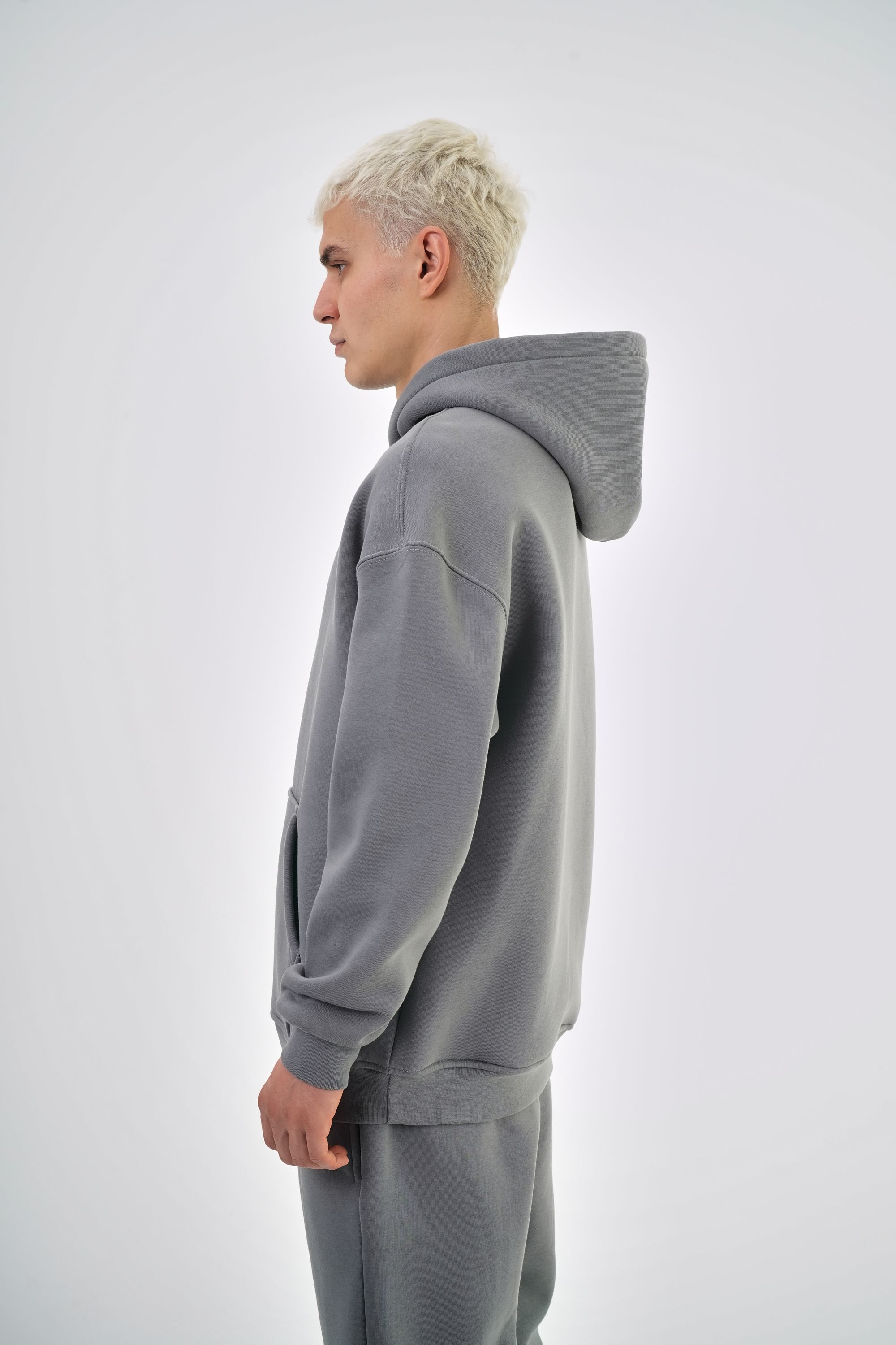 Erkek Oversize Basic Hoodie - Gri