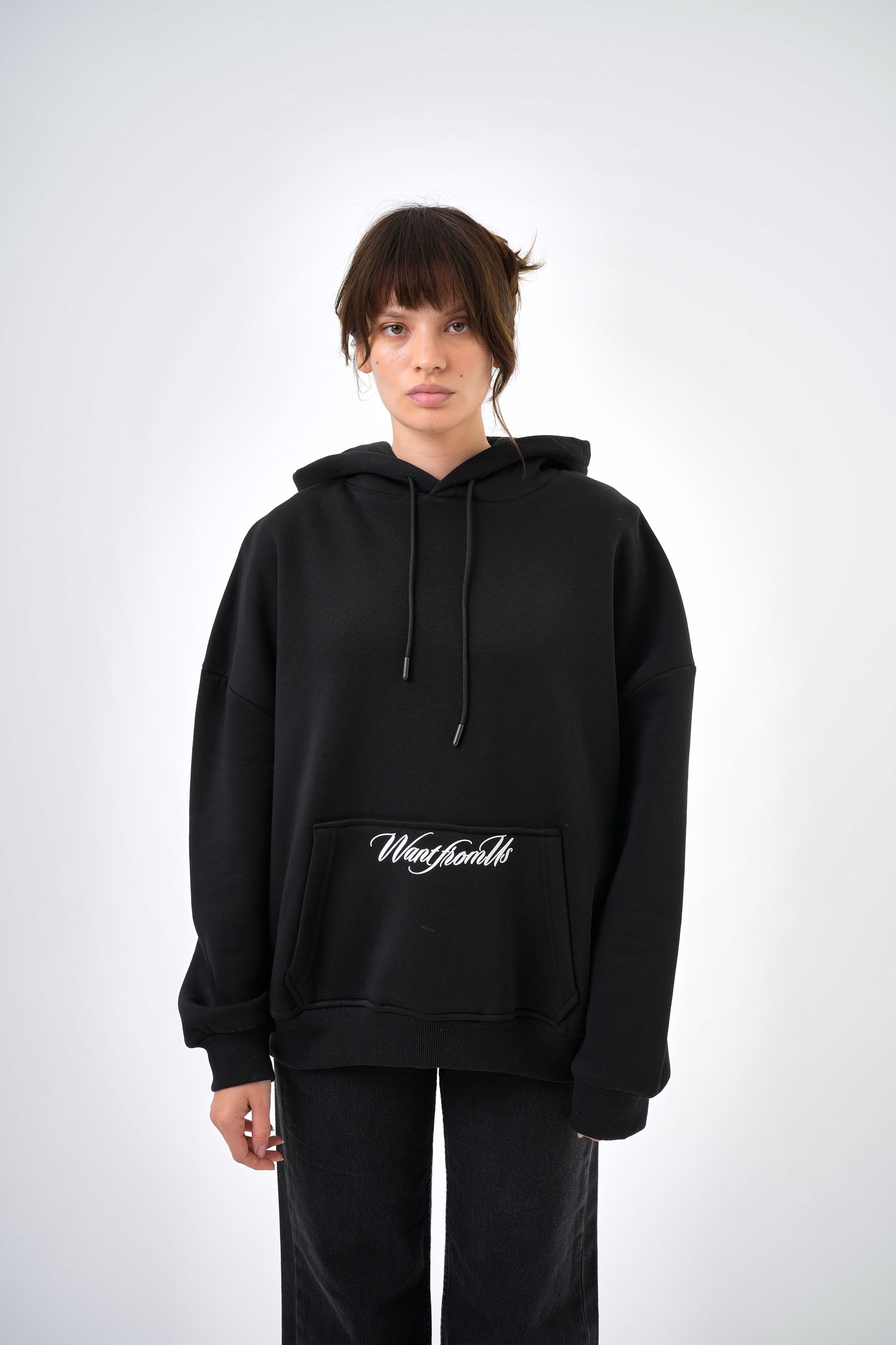 Kadın Want From Us Yazılı Kanguru Cepli Kapüşonlu Oversize Hoodie - Siyah