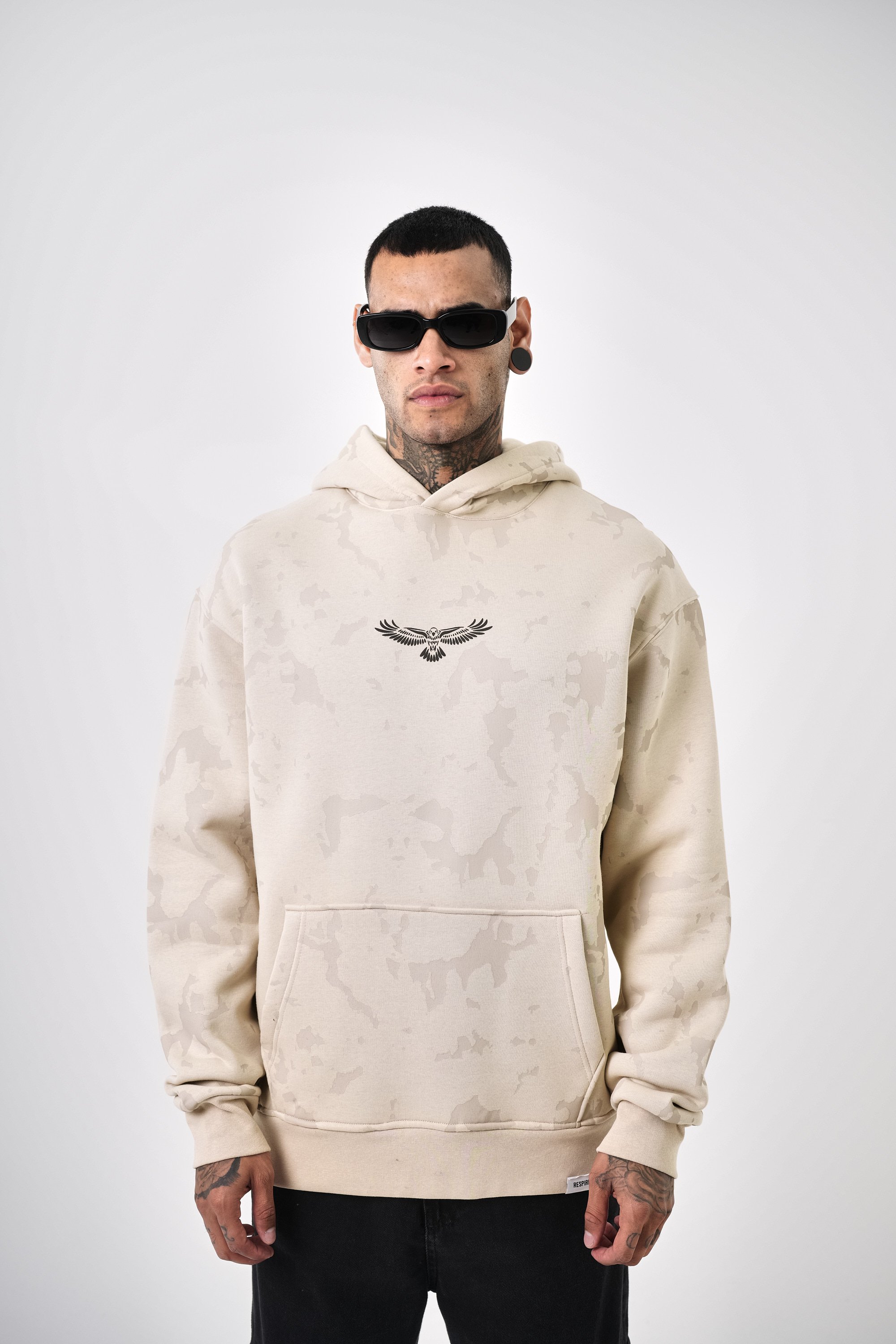 Erkek Holy Spirit Baskılı Oversize Hoodie - Bej