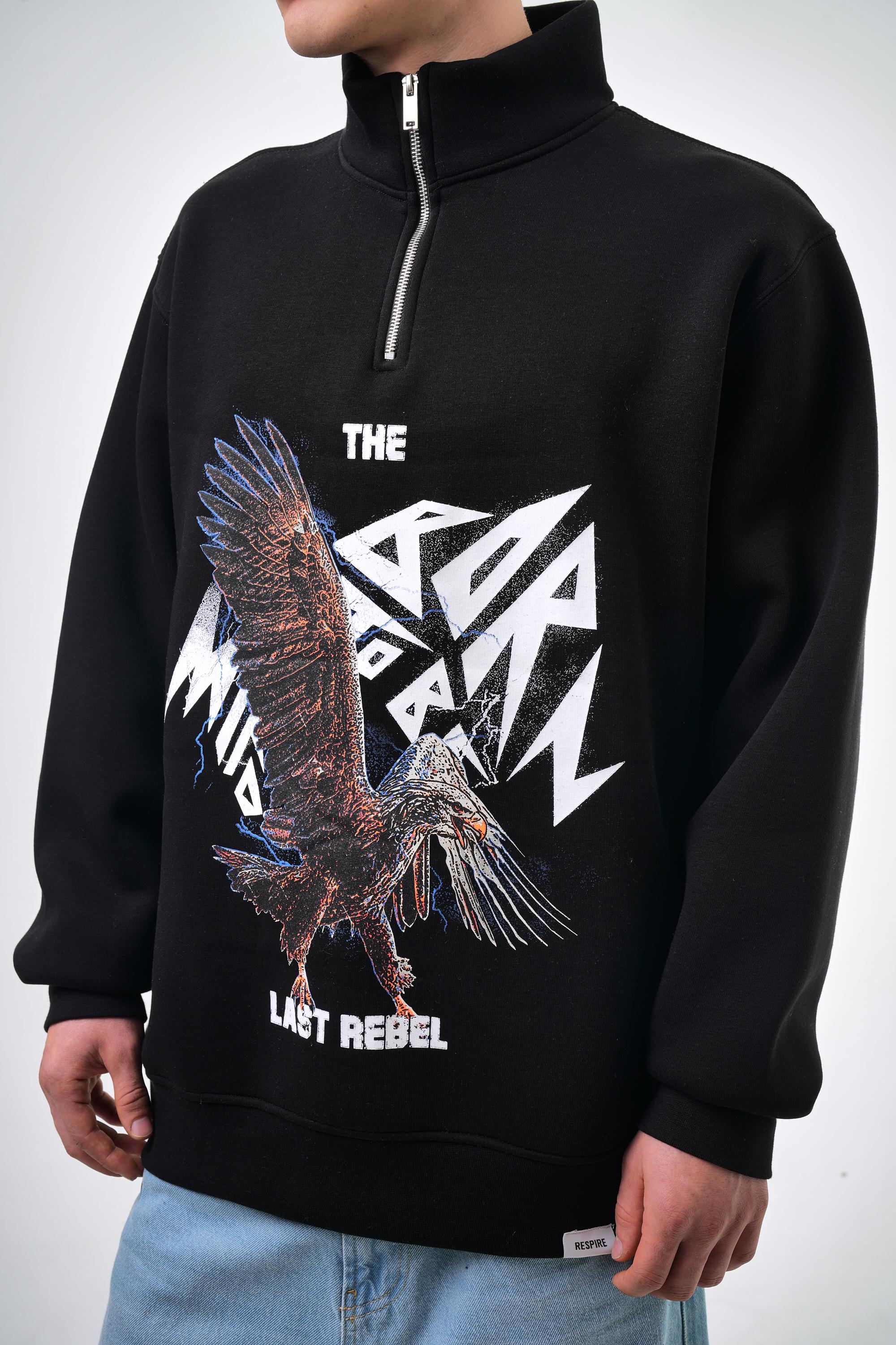 Erkek Oversize The Last Rebel Baskılı Yarım Fermuarlı  Sweatshirt - Siyah