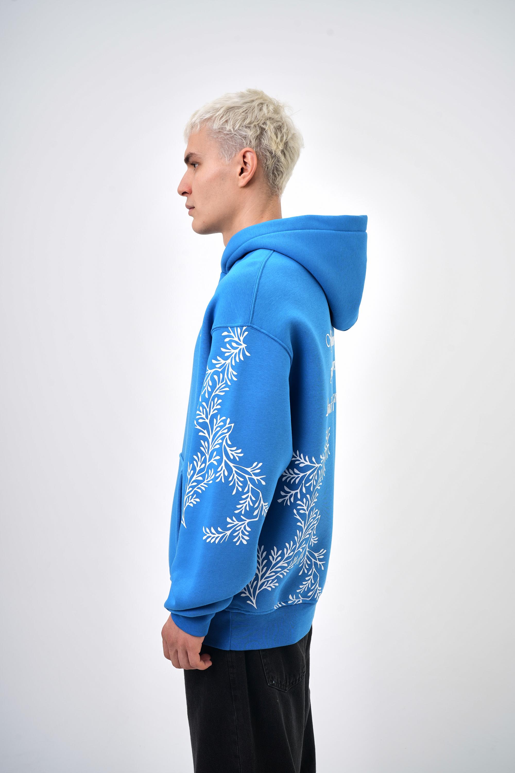 Erkek Oversize Ivy Nakış Detaylı Hoodie  - Mavi