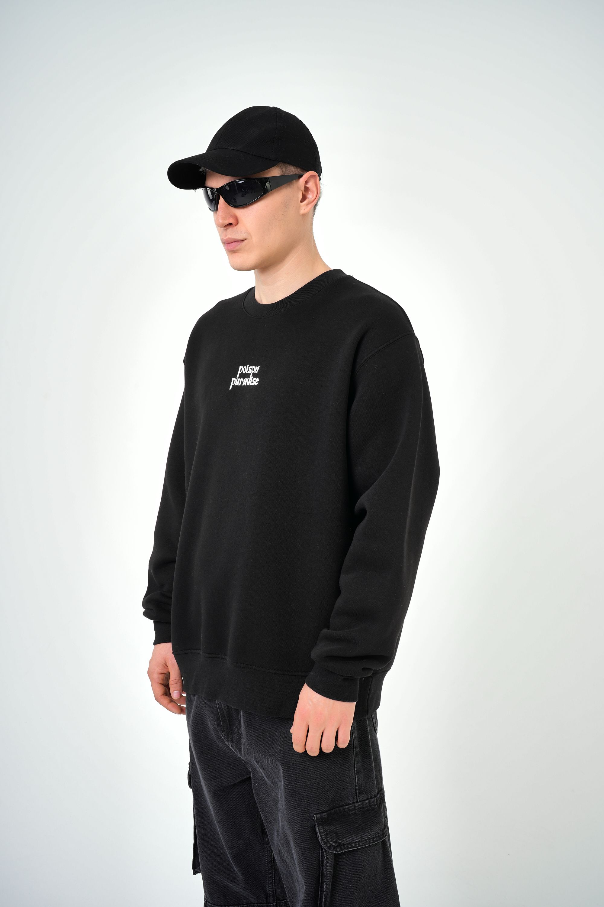 Erkek Poison Paradise Yazılı Oversize Sweatshirt - Siyah