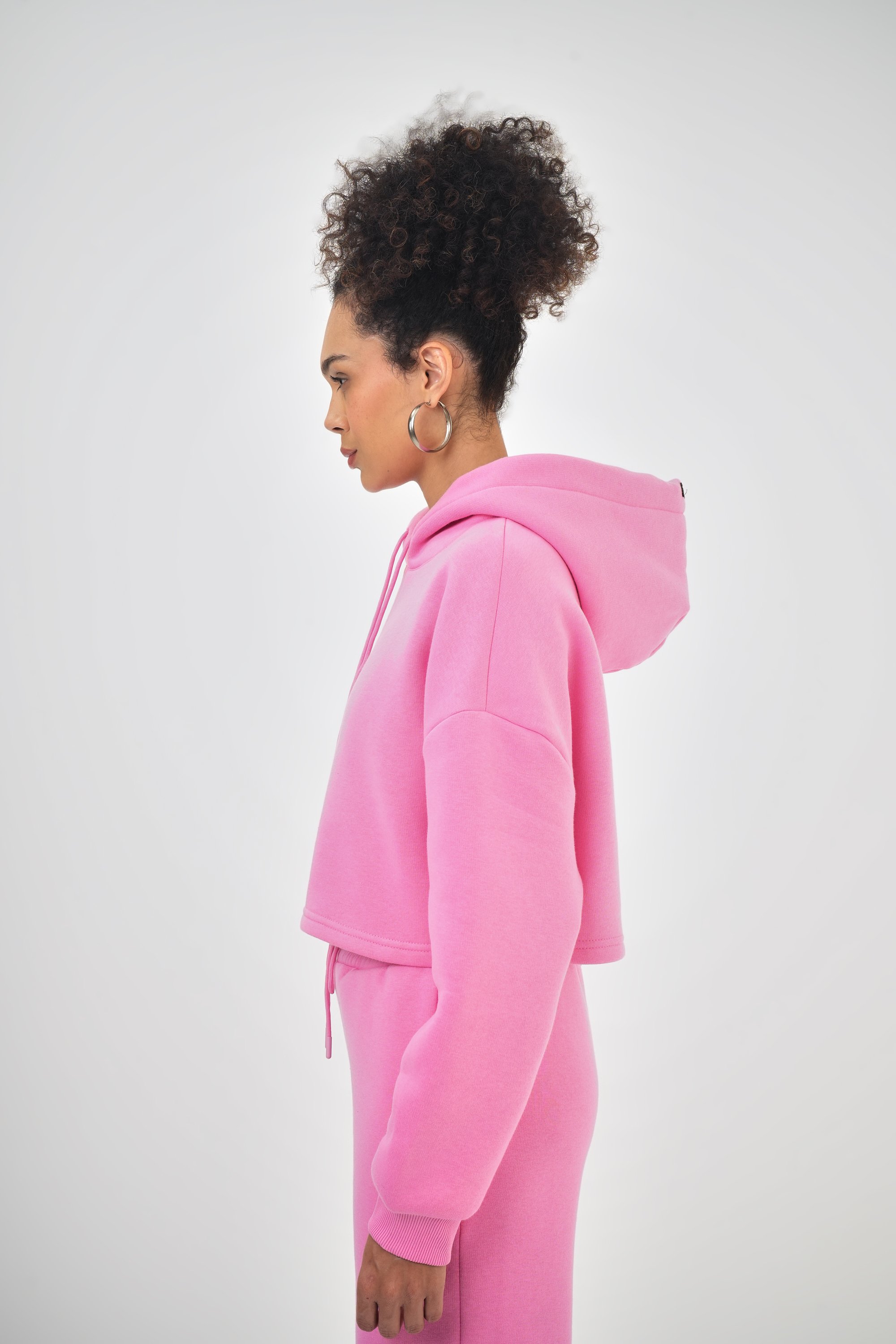 Kadın Kapüşonlu Bağcık Detaylı Oversize Basic Crop Hoodie - Pembe