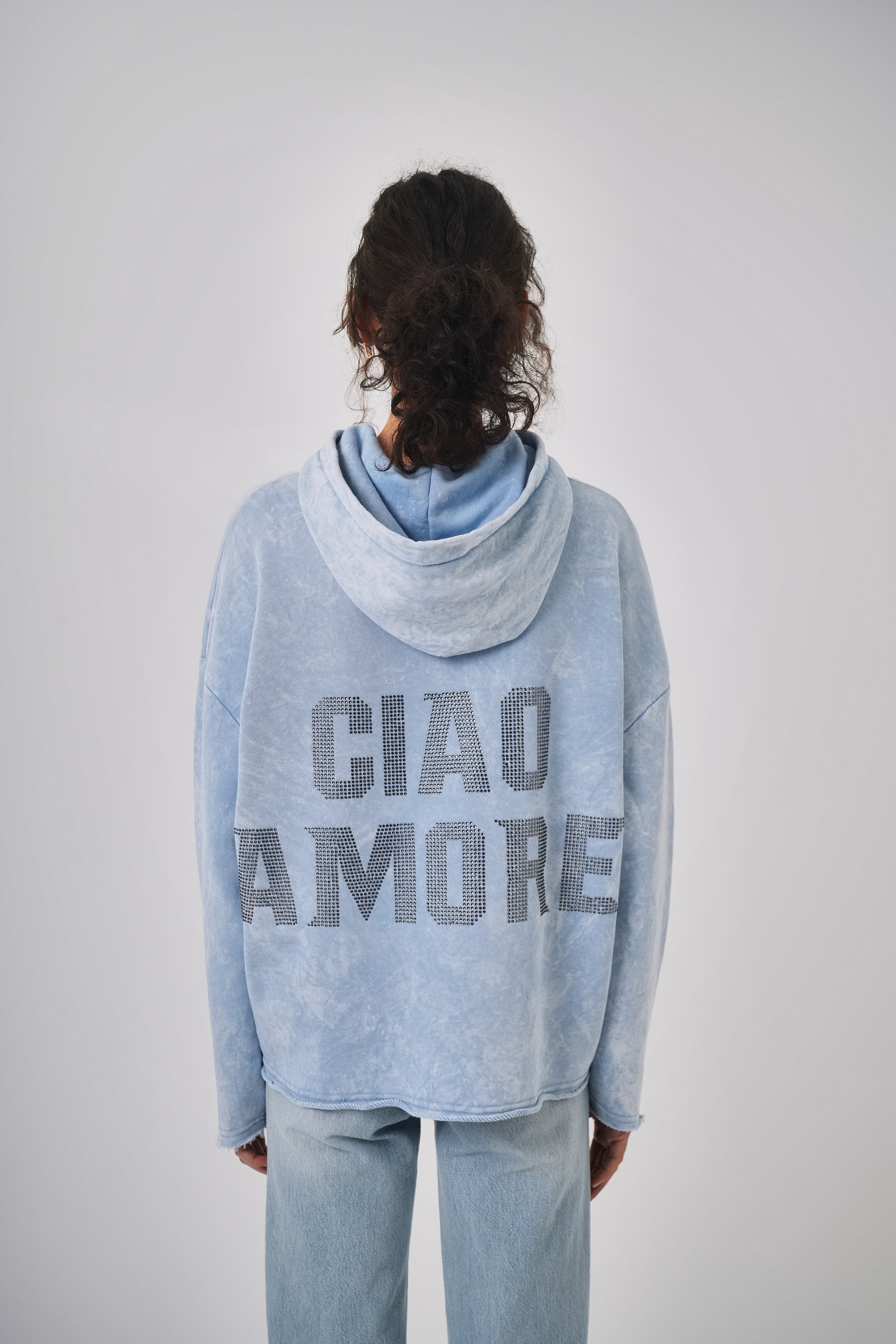 Kadın Yıkamalı Amore Detaylı Hoodie Takım - Mavi