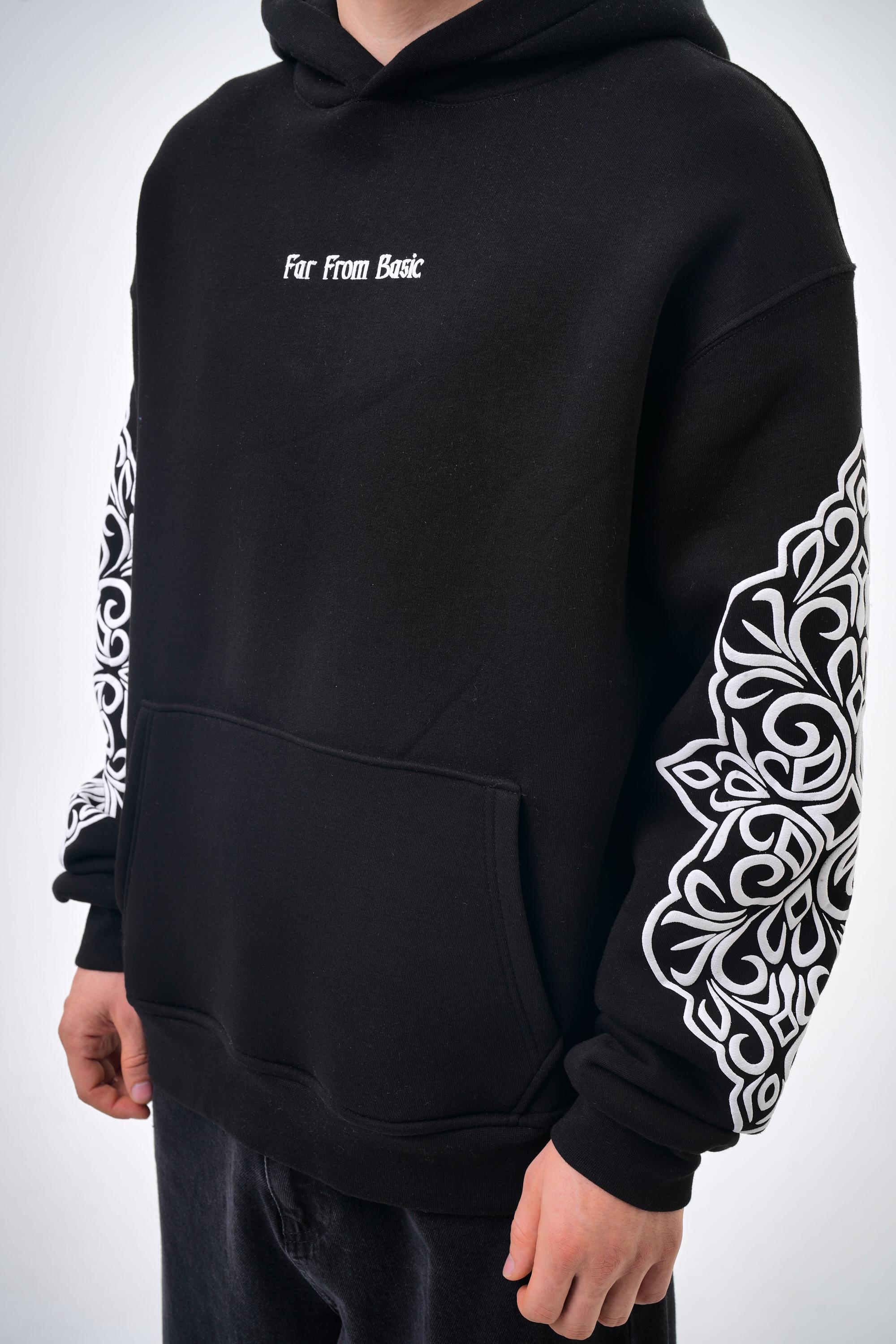 Erkek Oversize Far From Basic Baskılı Kapüşonlu Hoodie - Siyah