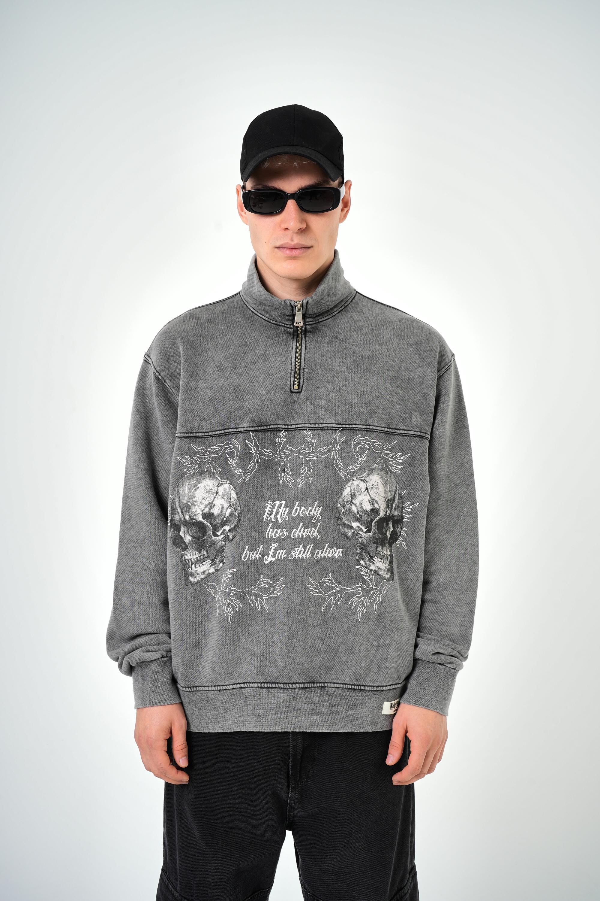 Erkek Oversize Yarım Fermuarlı Yıkamalı Sweatshirt