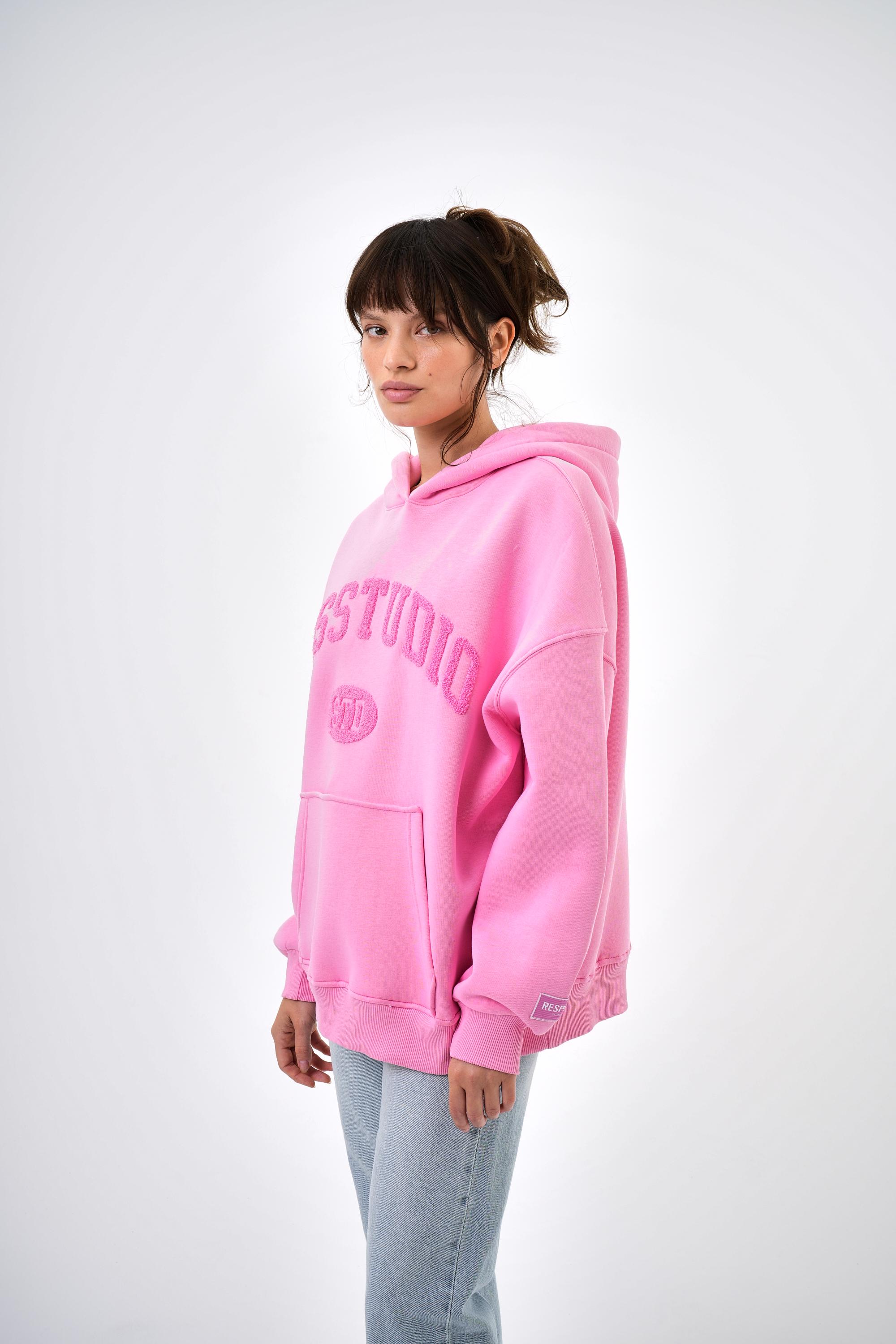 Kadın Res Studio Yazılı Kanguru Cepli Kapüşonlu Oversize Hoodie - Pembe