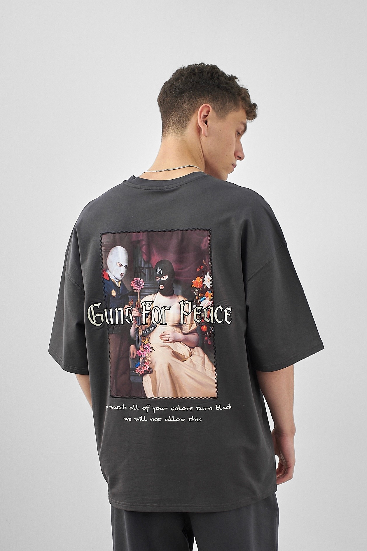 Respire Guns For Peace Nakışlı Oversize T-Shirt - Füme