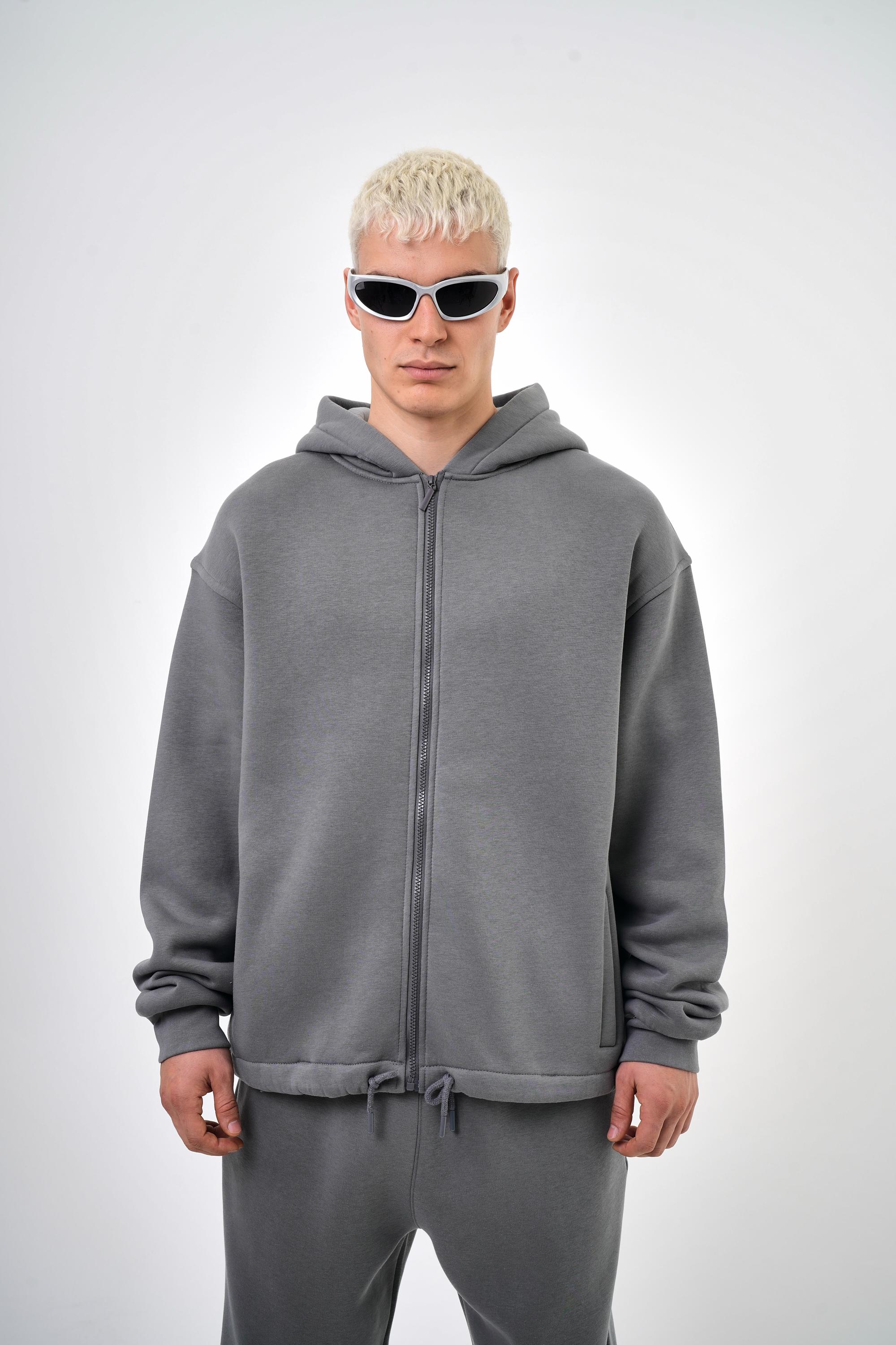 Kapüşonlu Basic Basic Zip Oversize Hoodie - Gri