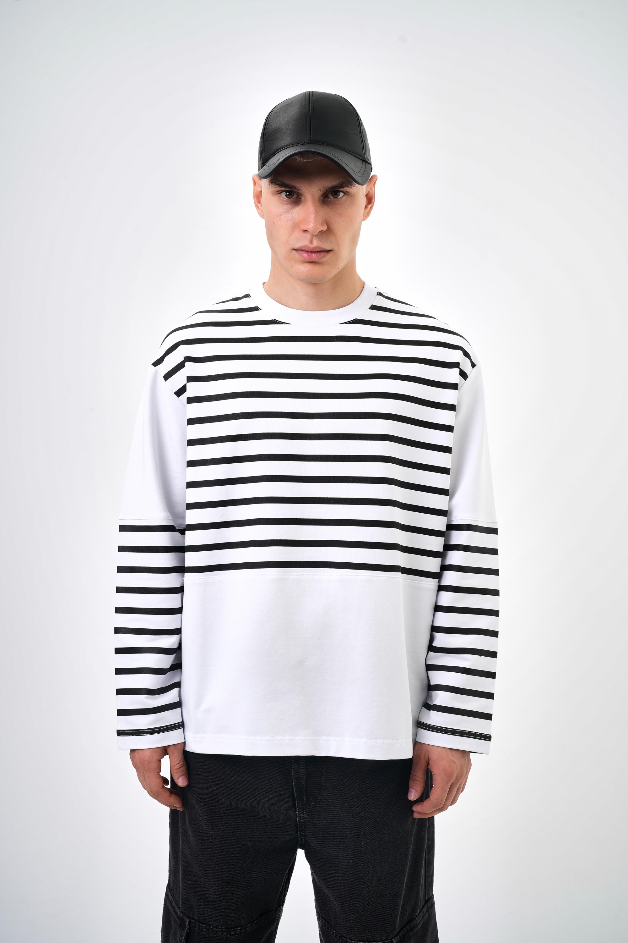 Şerit Çizgi Detaylı Striped Sweatshirt - Beyaz