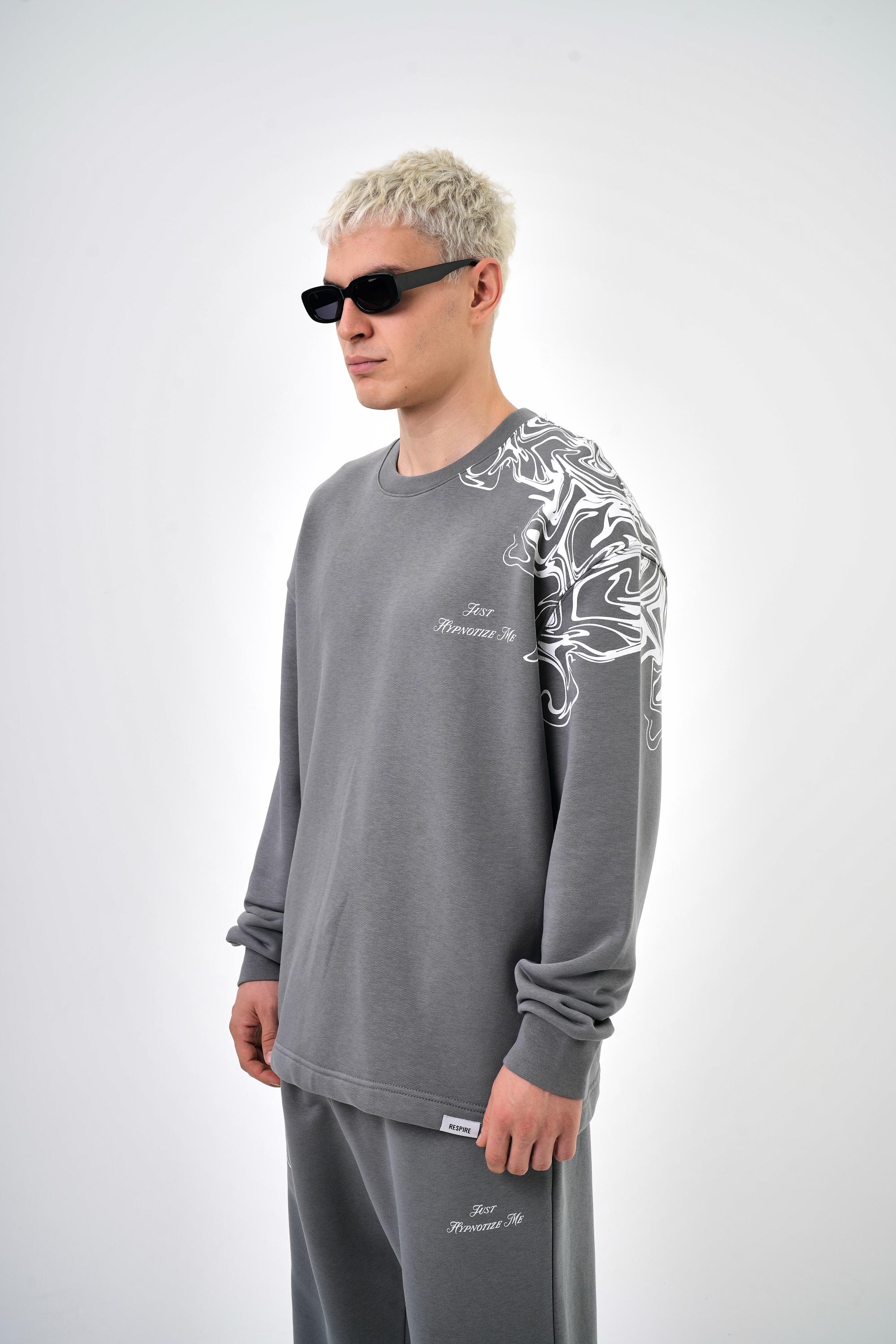 Erkek Oversize Desenli Hoodie - Gri