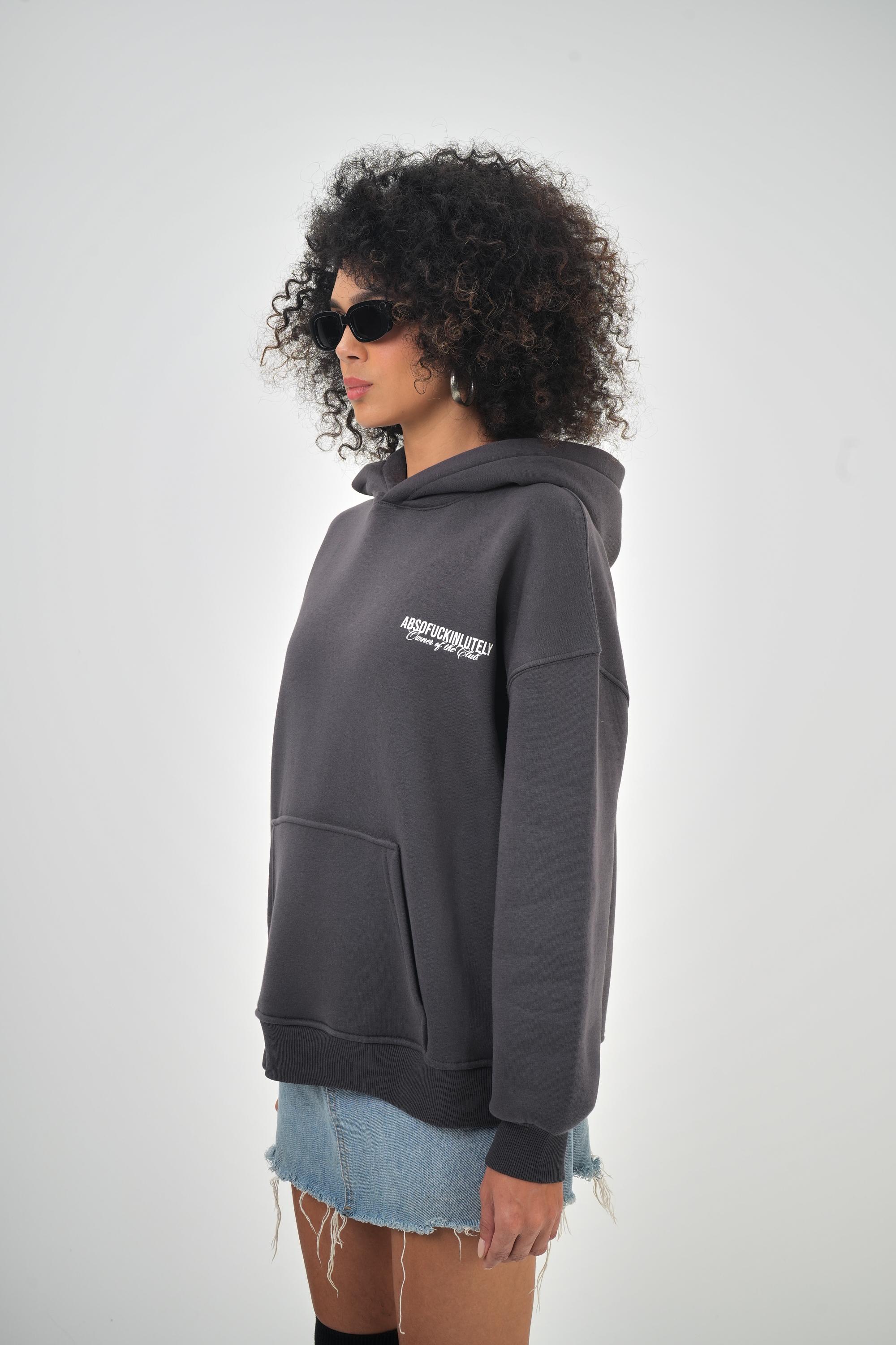 Kadın Oversize Absofuckinlutely Baskılı Kapüşonlu Hoodie  - Füme