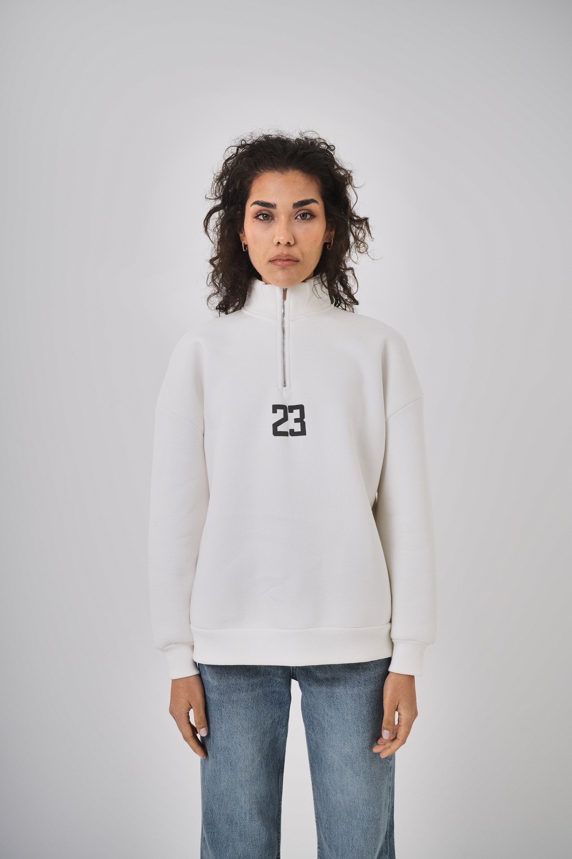 Kadın Oversize Baskılı Yarım Fermuarlı Sweatshirt - Ekru