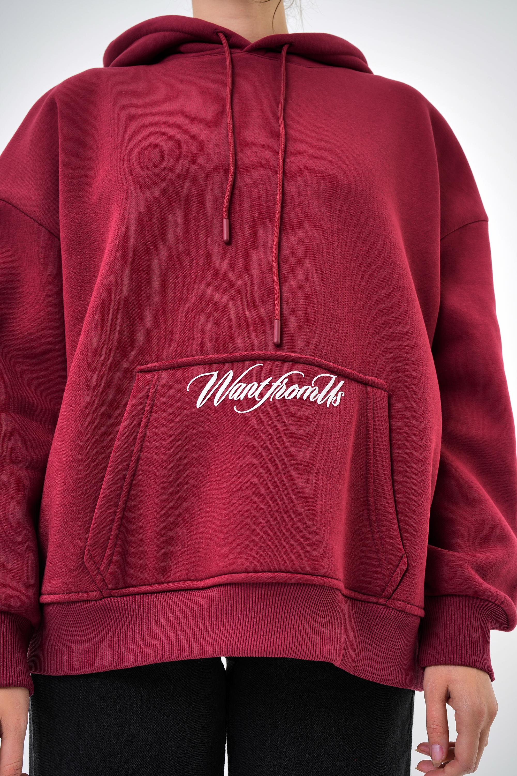 Kadın Want From Us Yazılı Kanguru Cepli Kapüşonlu Oversize Hoodie