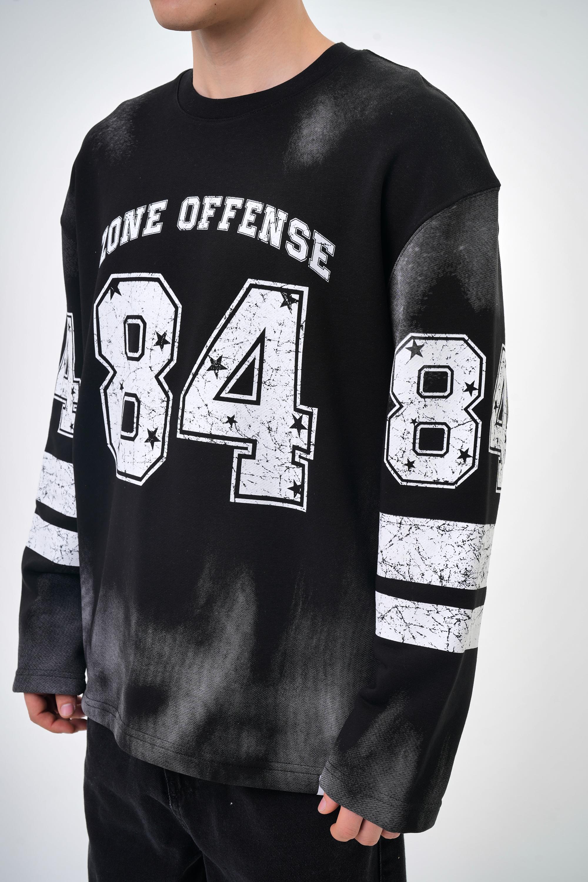 Erkek Oversize 84 Zone Offense Baskılı Sweatshirt - Siyah