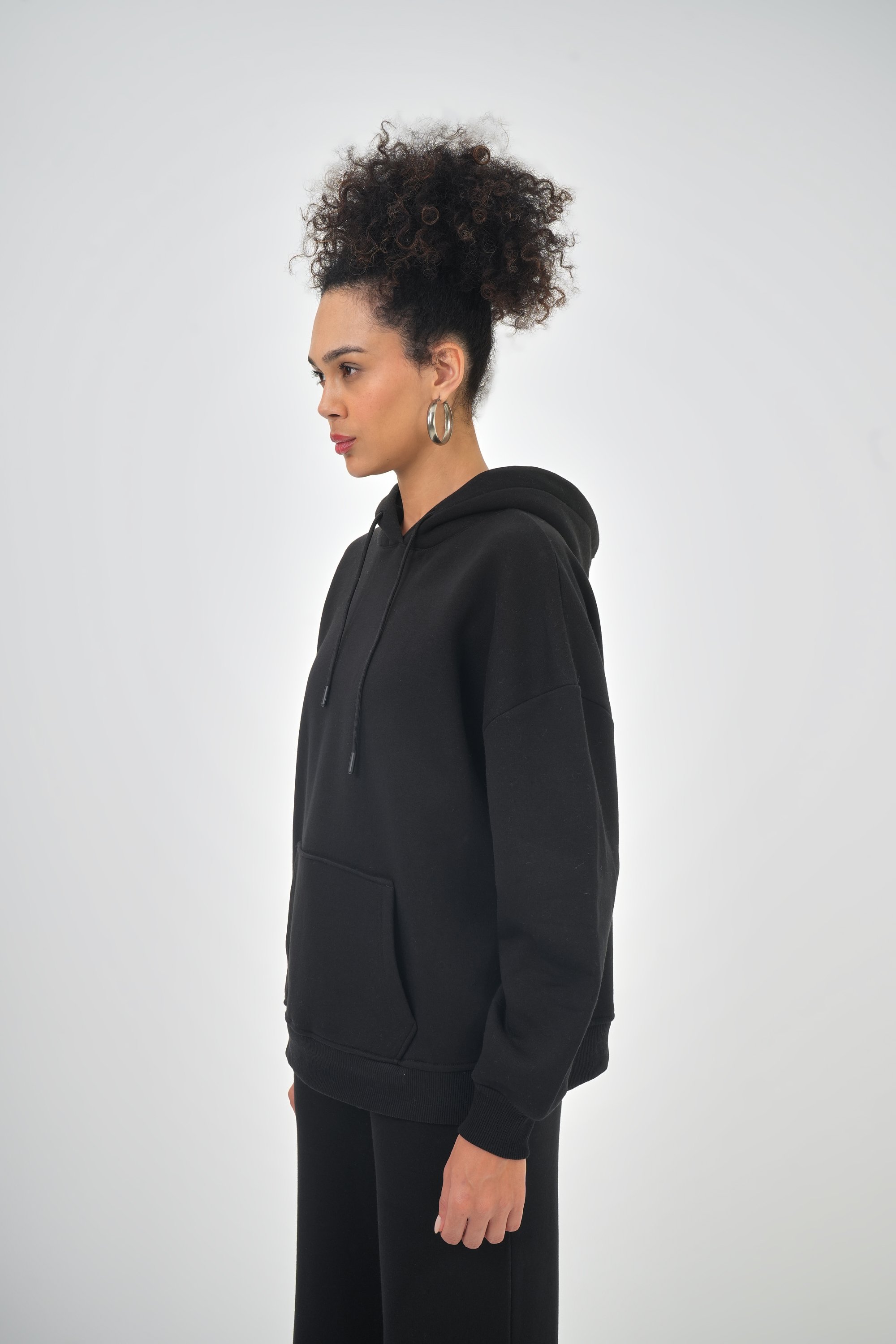 Kadın Kanguru Cepli Kapüşonlu Basic Oversize Hoodie