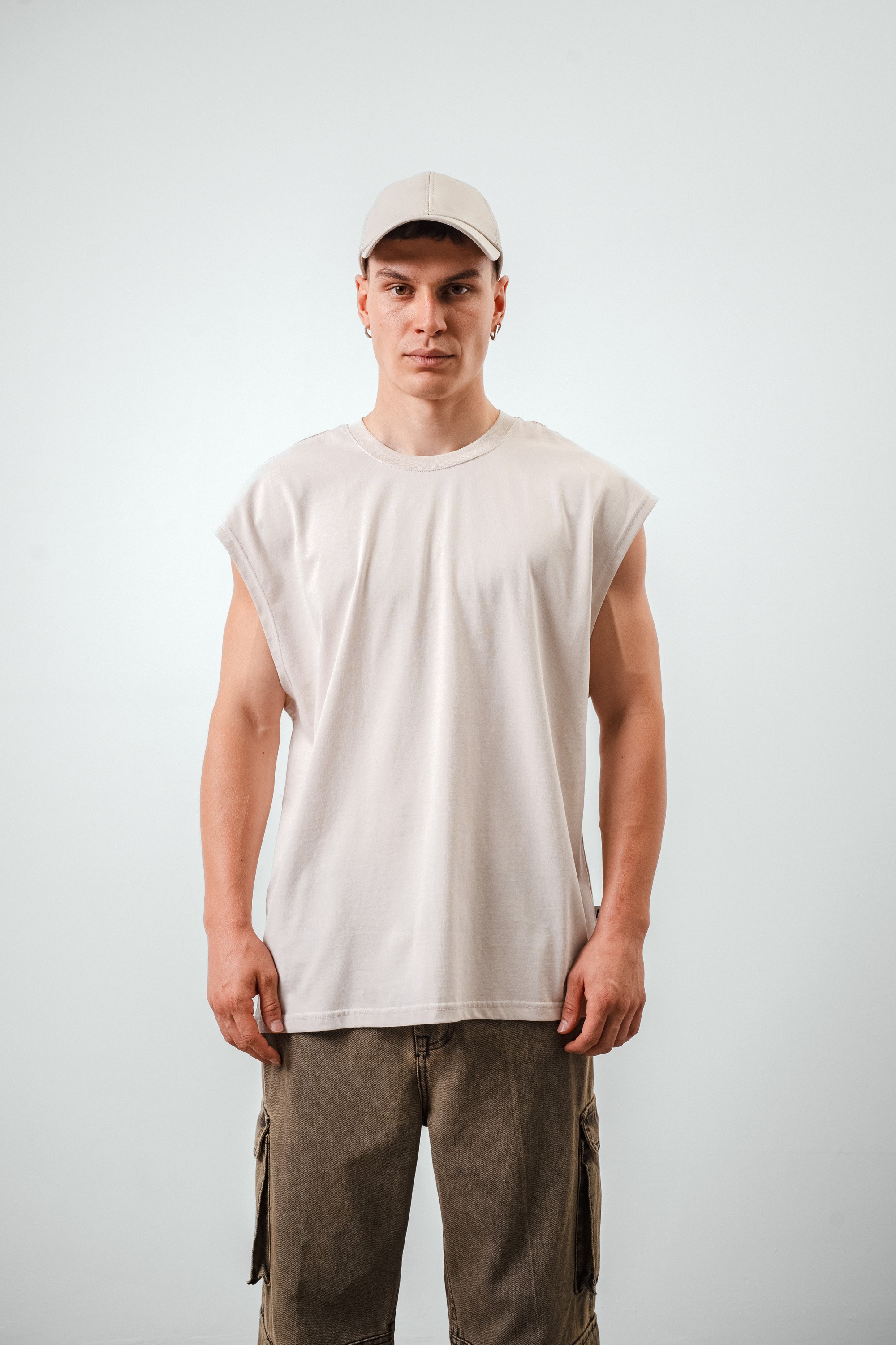 Respire Basic Oversize Sıfır Kol T-Shirt - Bej