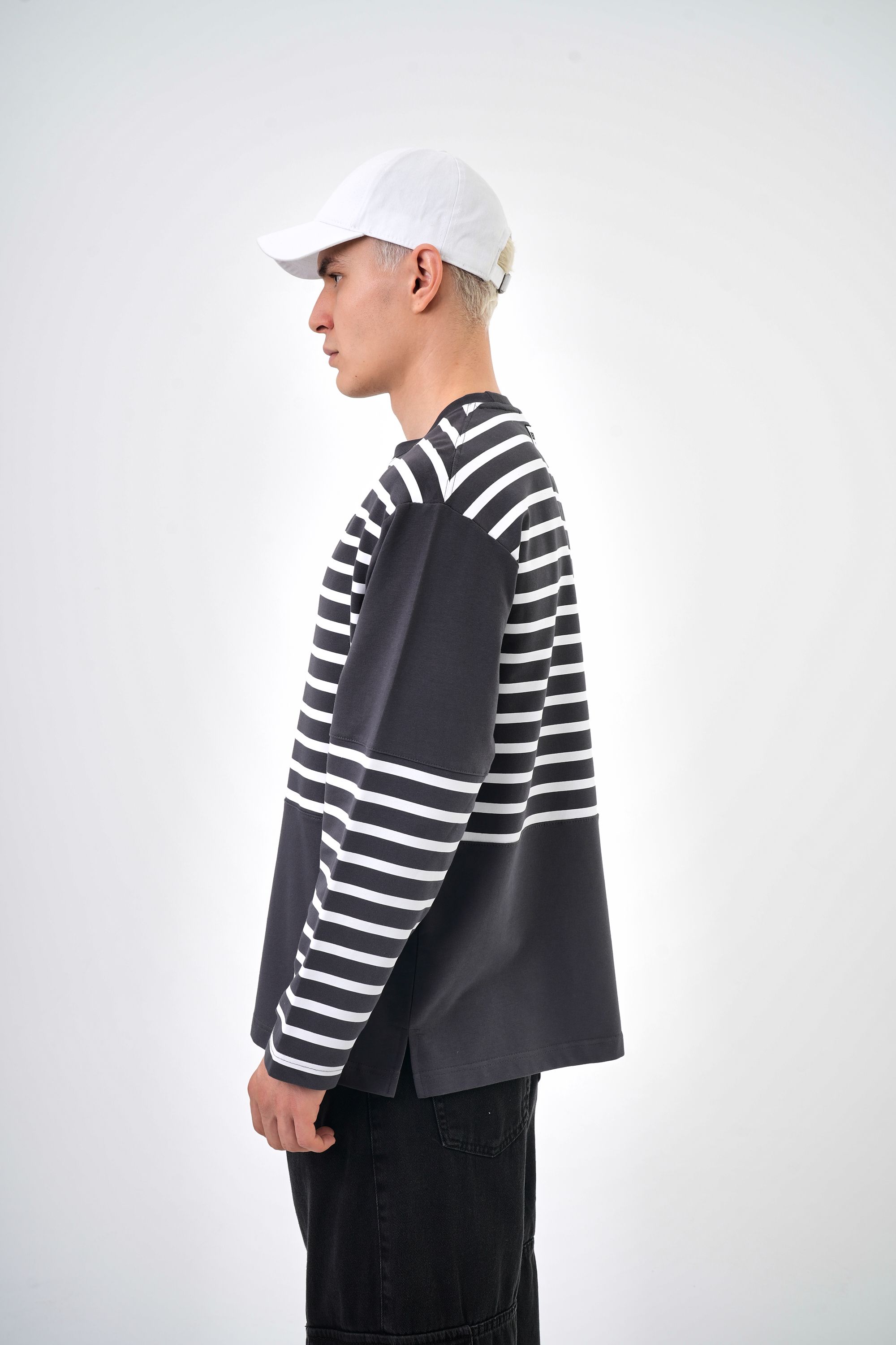 Erkek Overisize Çizgili Striped Sweatshirt   - Füme