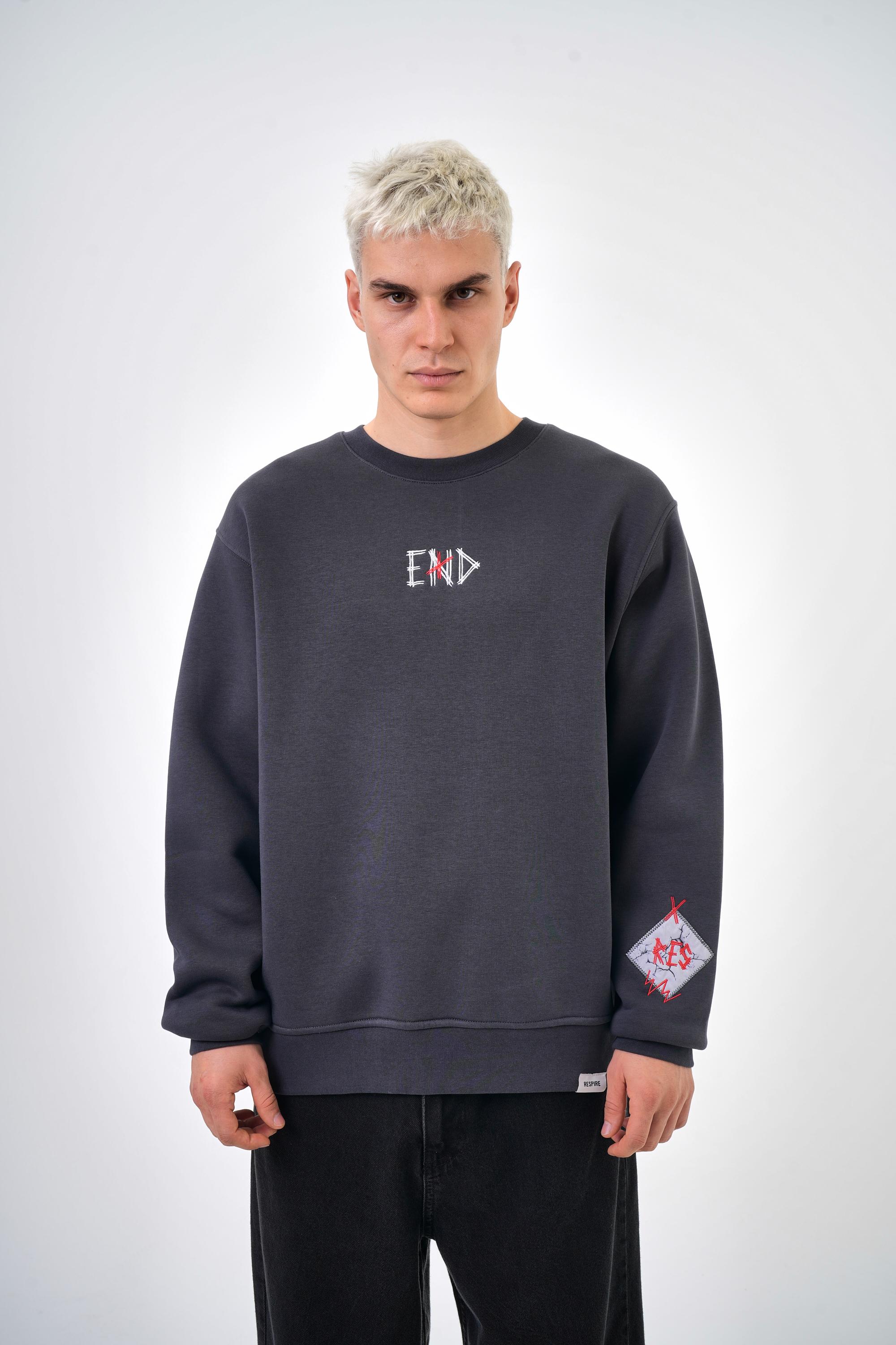 End X Yazılı Oversize Sweatshirt - Füme