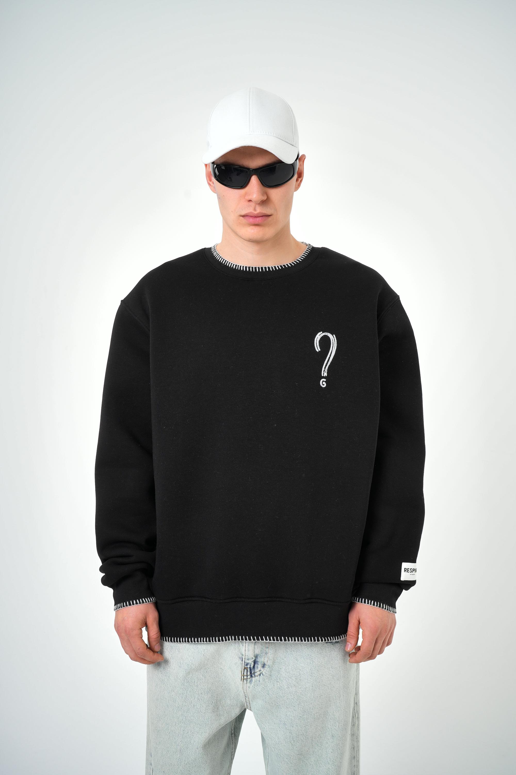 Erkek Oversize Unknown Nakışlı Sweatshirt - Siyah