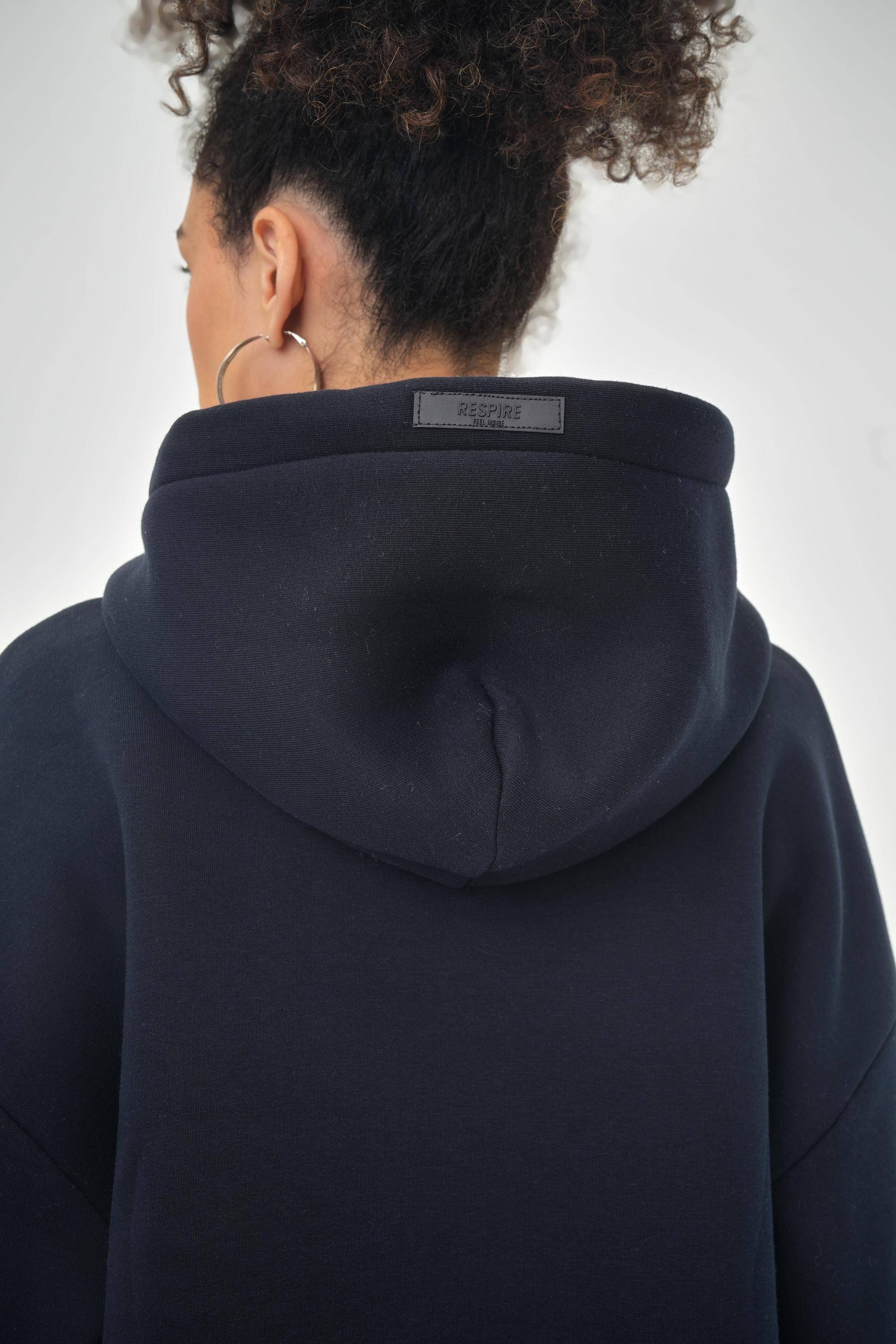 Kadın Kapüşonlu Bağcık Detaylı Oversize Basic Crop Hoodie - Lacivert