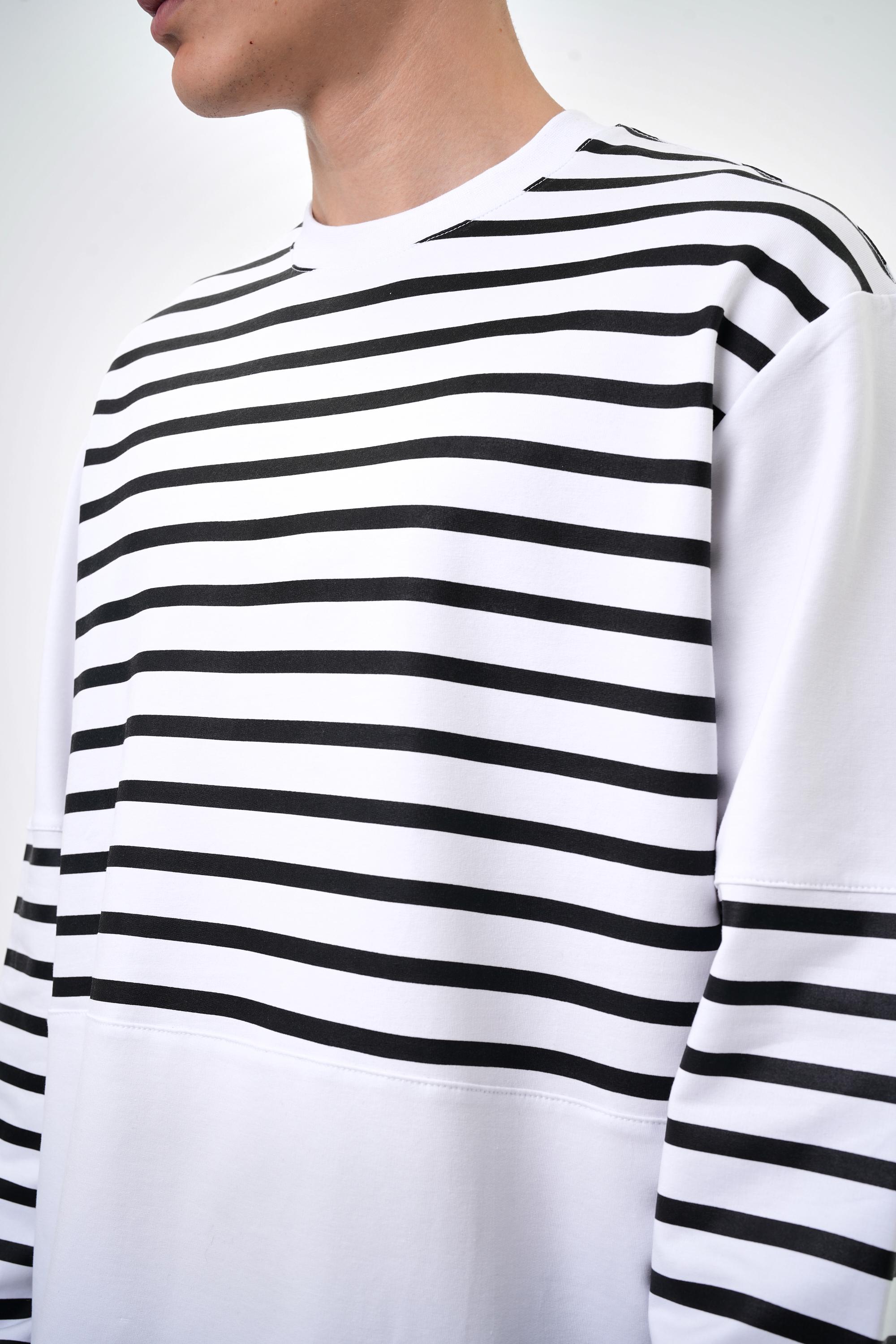 Erkek Overisize Çizgili Striped Sweatshirt   - Beyaz