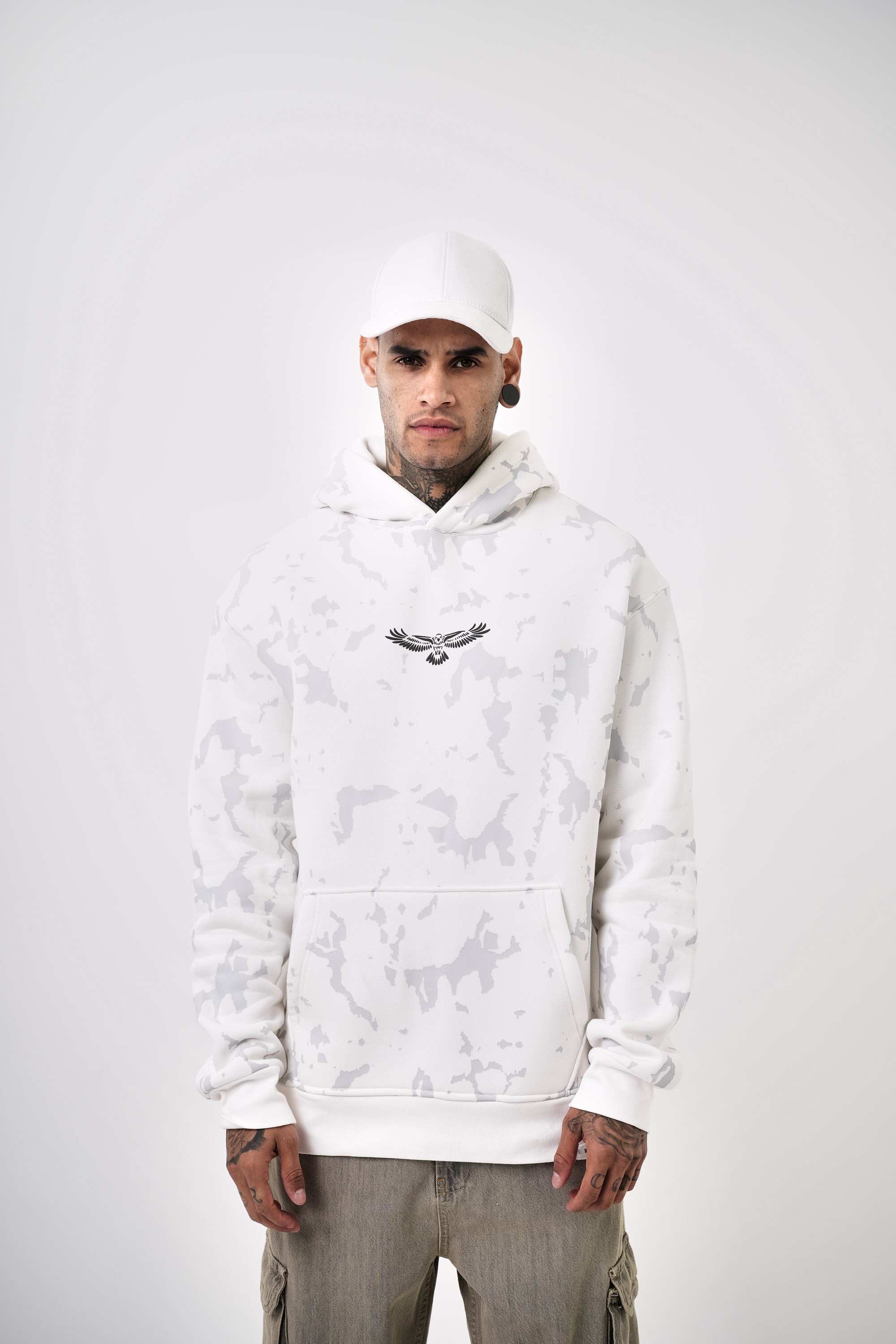 Erkek Holy Spirit Baskılı Oversize Hoodie - Ekru