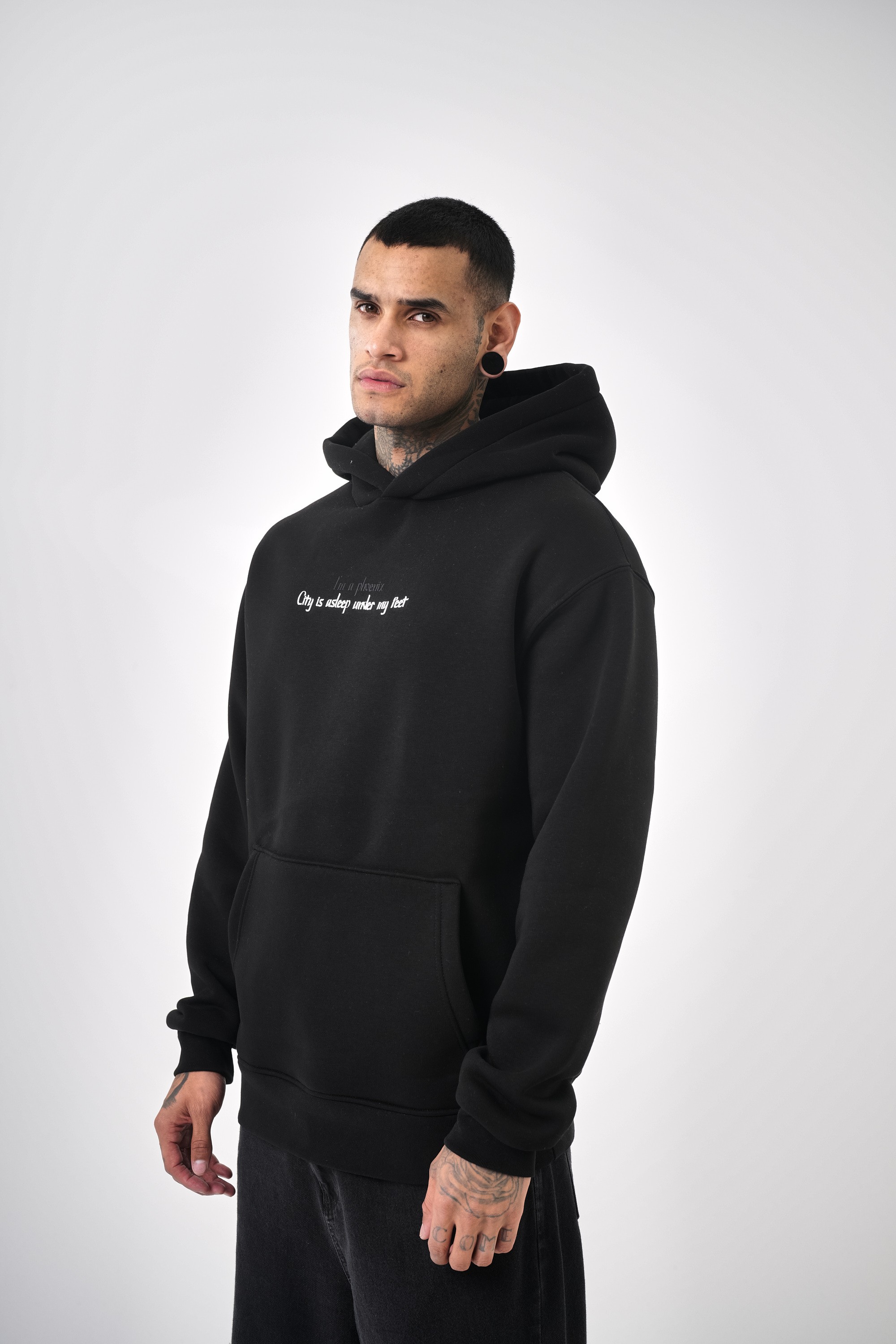 Erkek Phoenix Baskılı Oversize Hoodie - Siyah