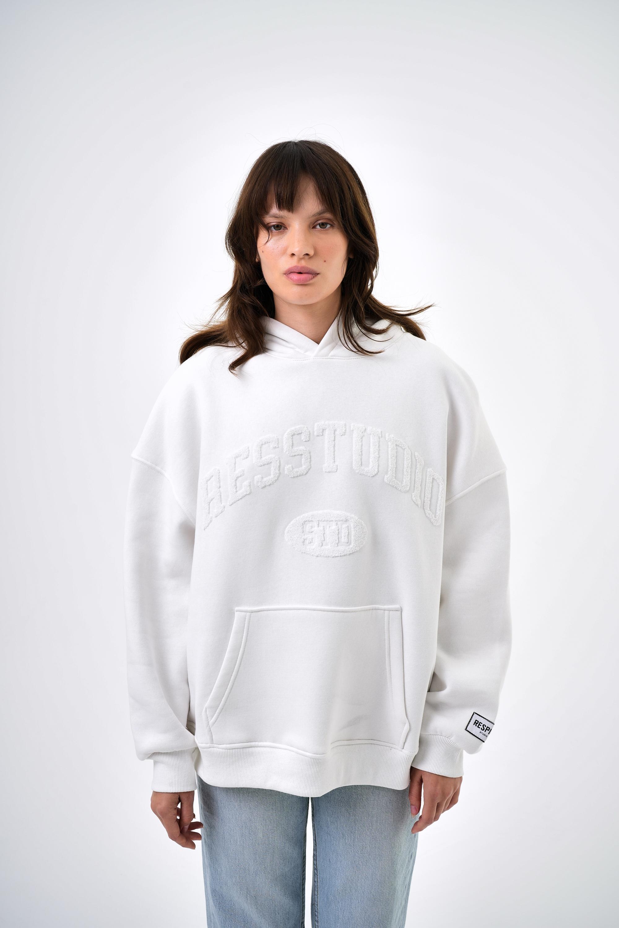 Kadın Res Studio Yazılı Kanguru Cepli Kapüşonlu Oversize Hoodie - Ekru