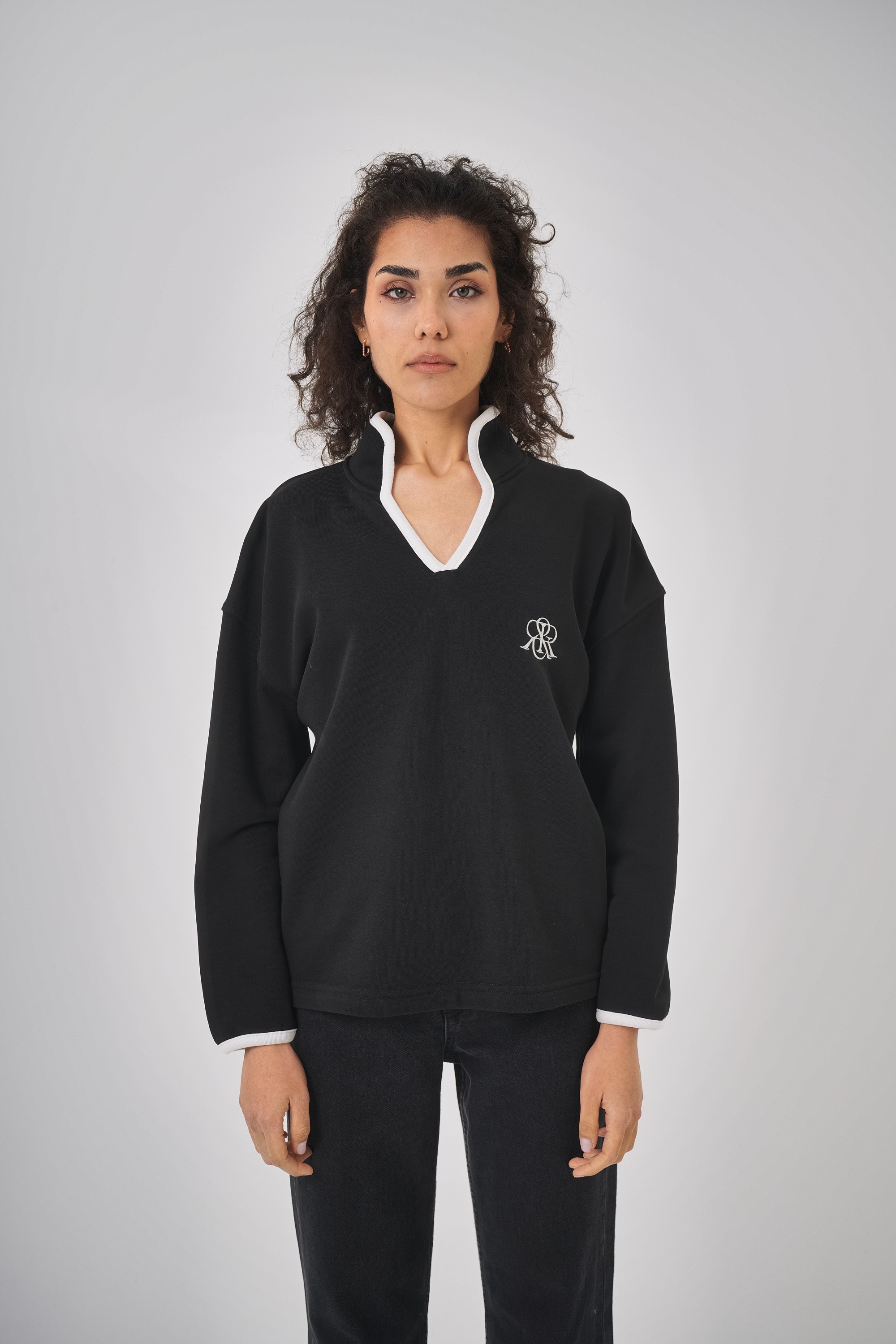 Kadın Yaka Detaylı Casual Kadın Sweatshirt - Siyah