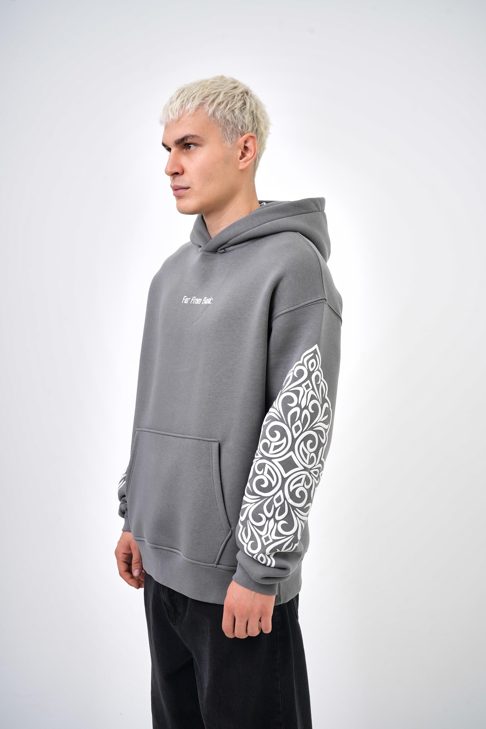 Erkek Oversize Far From Basic Baskılı Kapüşonlu Hoodie - Gri